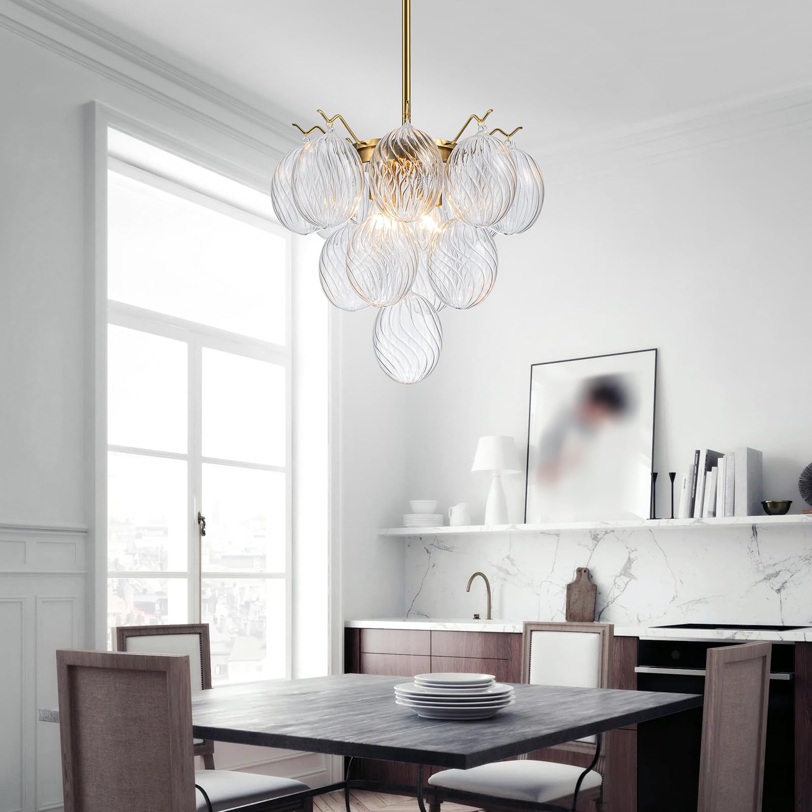 Lumfurn Glass Bubble Chandelier, Modern Pendant Light Fixture For Dining Room, Living Room, Bedroom, D16 X H23.5~53''(Adjustable