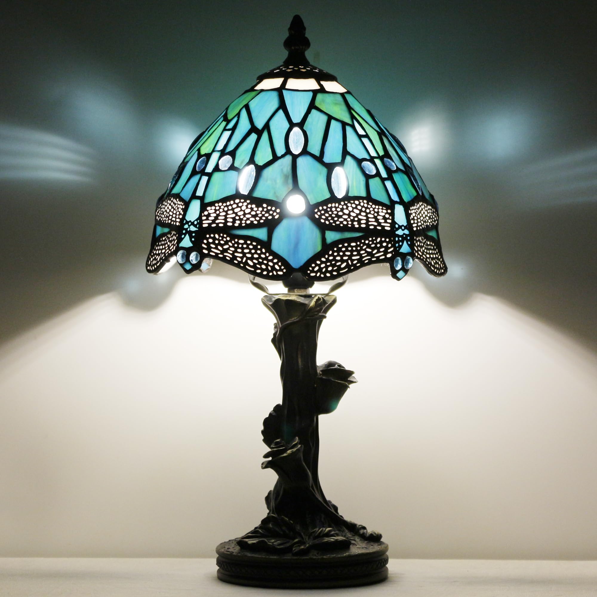 SYETL Small Tiffany Table Lamp Stained Glass Lamp Green Dragonfly Style Bedside Light Mini Accent Desk Memory Lamp 8X15Inch
