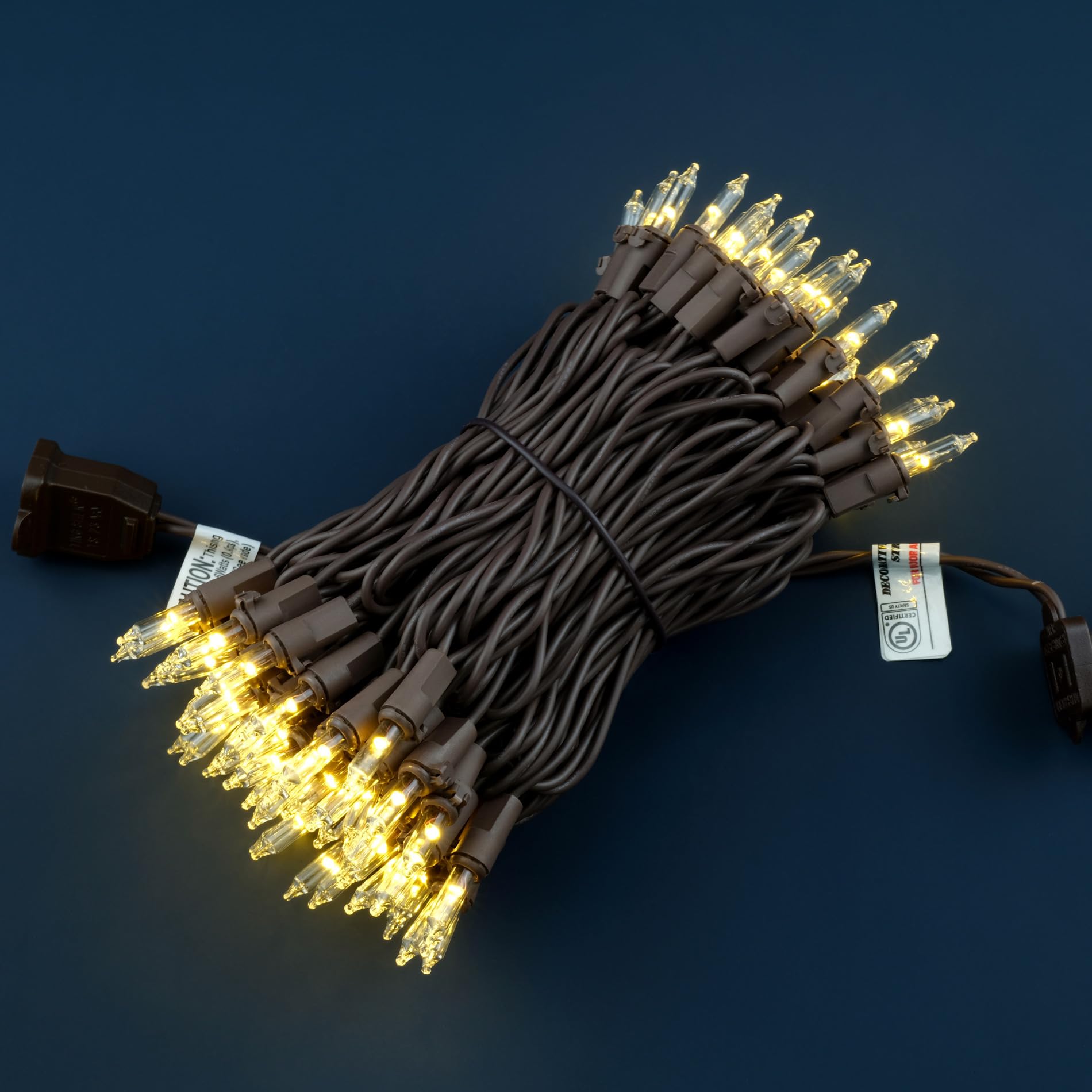 YULETIME 100 Count Mini String Lights, 33ft Brown Wire, Warm White, UL Certified, Copper Wire and Glass Bulbs