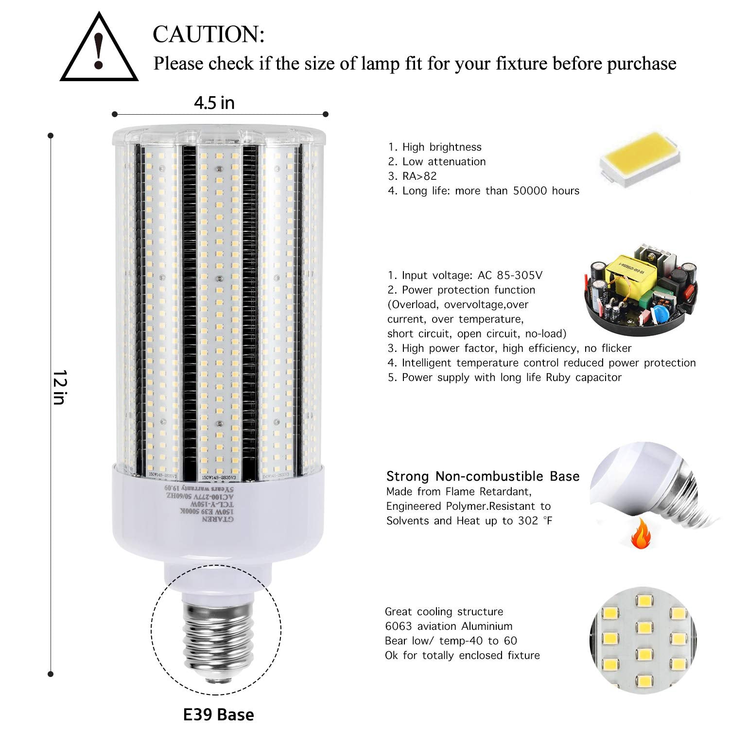 100W Led Corn Cob Light Bulb,Replace For 400 Watt Metal Halide Hps Cfl Hid Lamp,5000K E39 Mogul Base,For Commercial And Industri