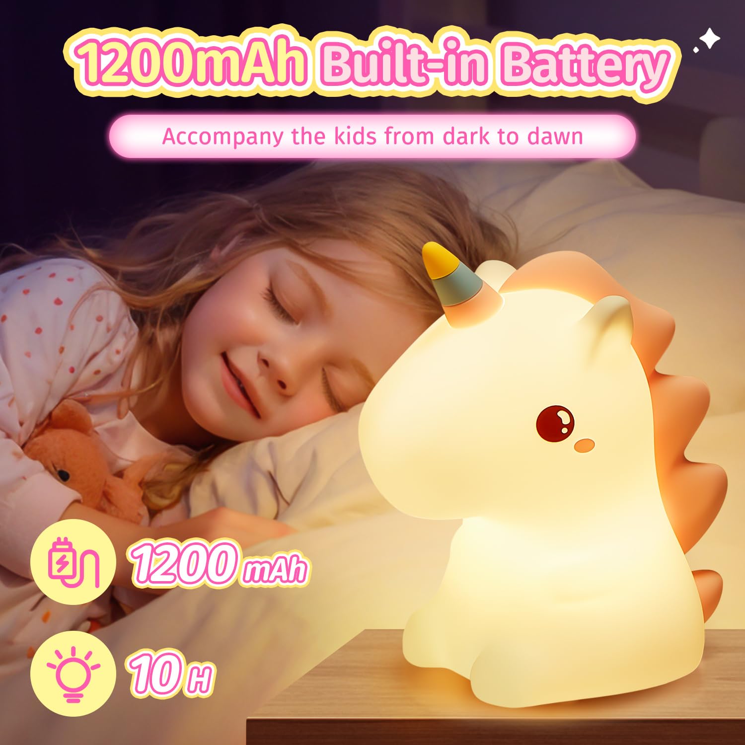 One Fire Unicorn Night Light for Kids, Remote Control, 16 Colors, Silicone, Model WH-a28, Pink