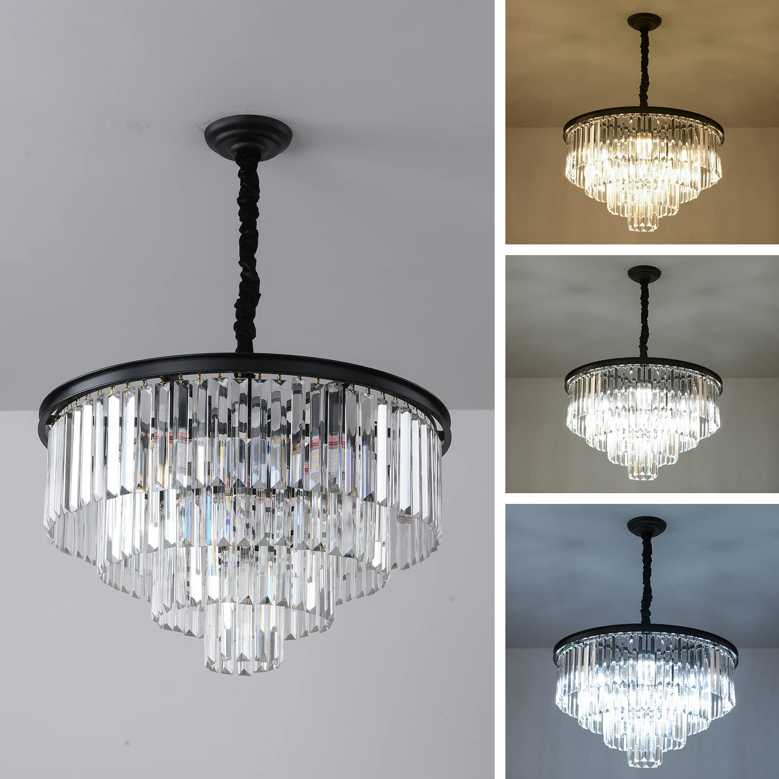Laiuetai Black Modern Crystal Chandelier  4-Tier Round Flush Mount Ceiling Light Fixtures Height Adjustable Pendant Lighting For Dining Room Living Room Bedroom Kitchen Hotel Foyer