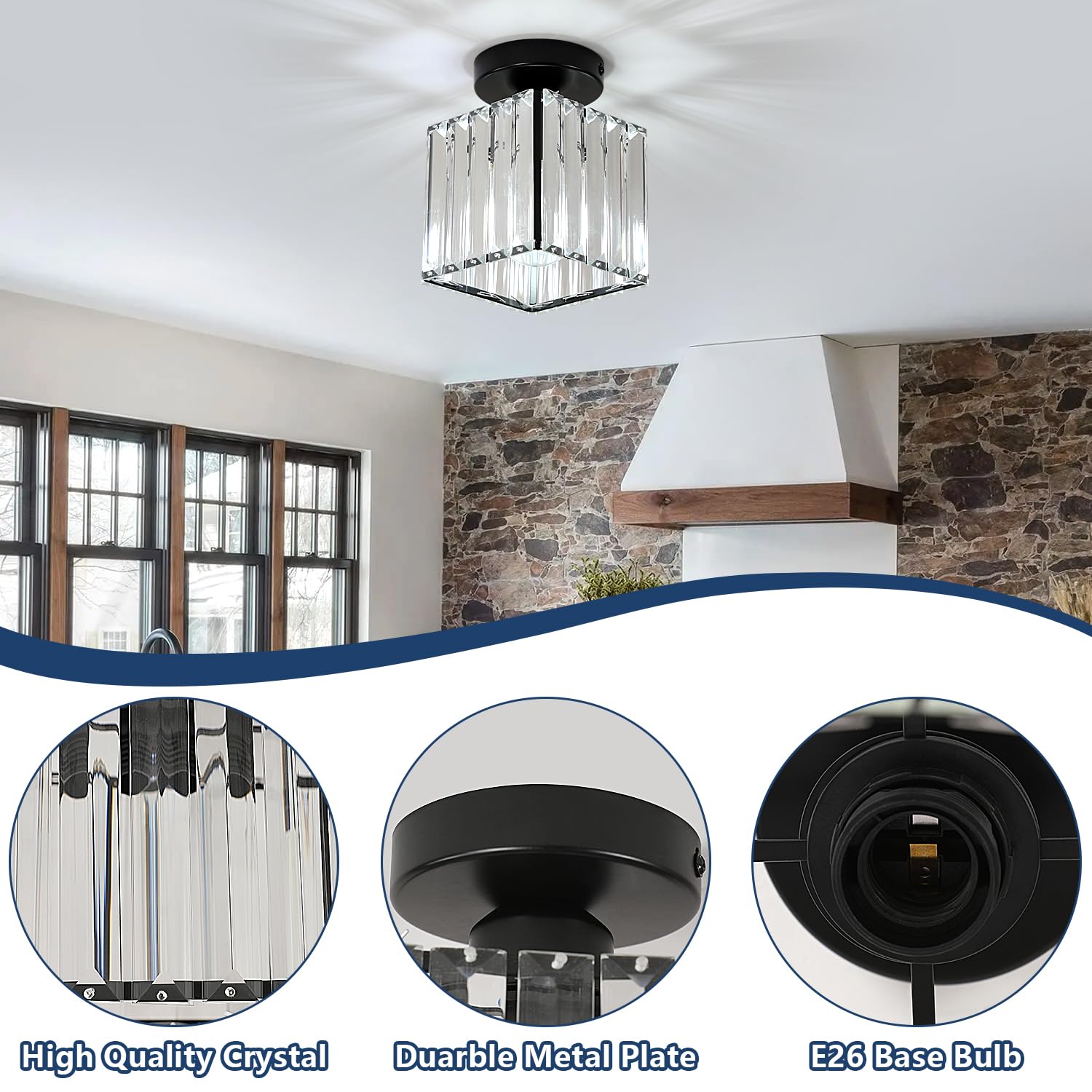 Goeco Ceiling Light, 2 Pack Square Crystal Semi Flush Mount Ceiling Light, 5.1 Inch Modern Black Mini Size Close To Ceiling Ligh