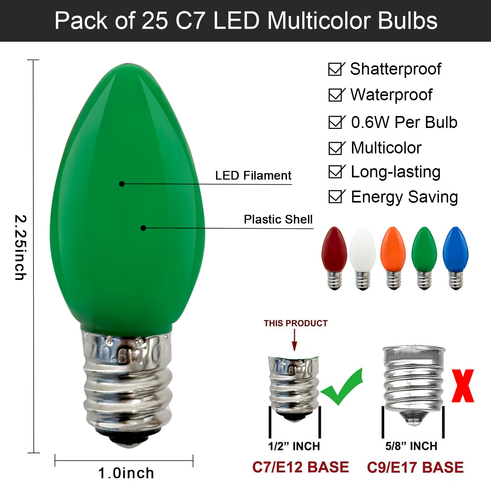 Sunsgne 25 Pack C7 Led Multicolor Christmas Replacement Light Bulbs, Colored Christmas Light Bulbs Vintage Light Bulbs For Chris