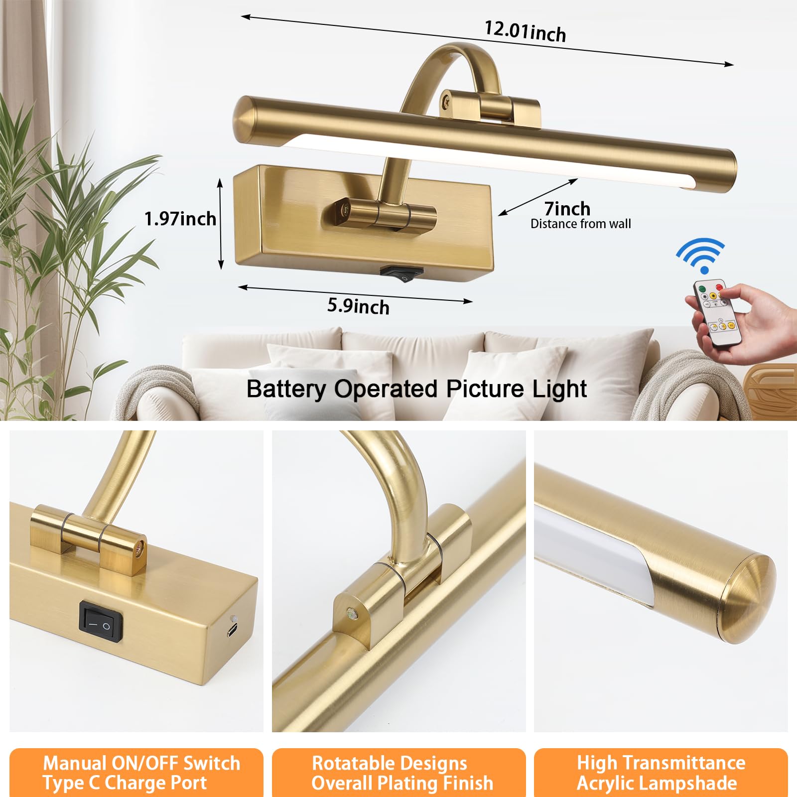 Tassuowell 12 Inch Brass Rechargeable Picture Light with Remote Control, Dimmable, 3 Color Temperature, Model 7115