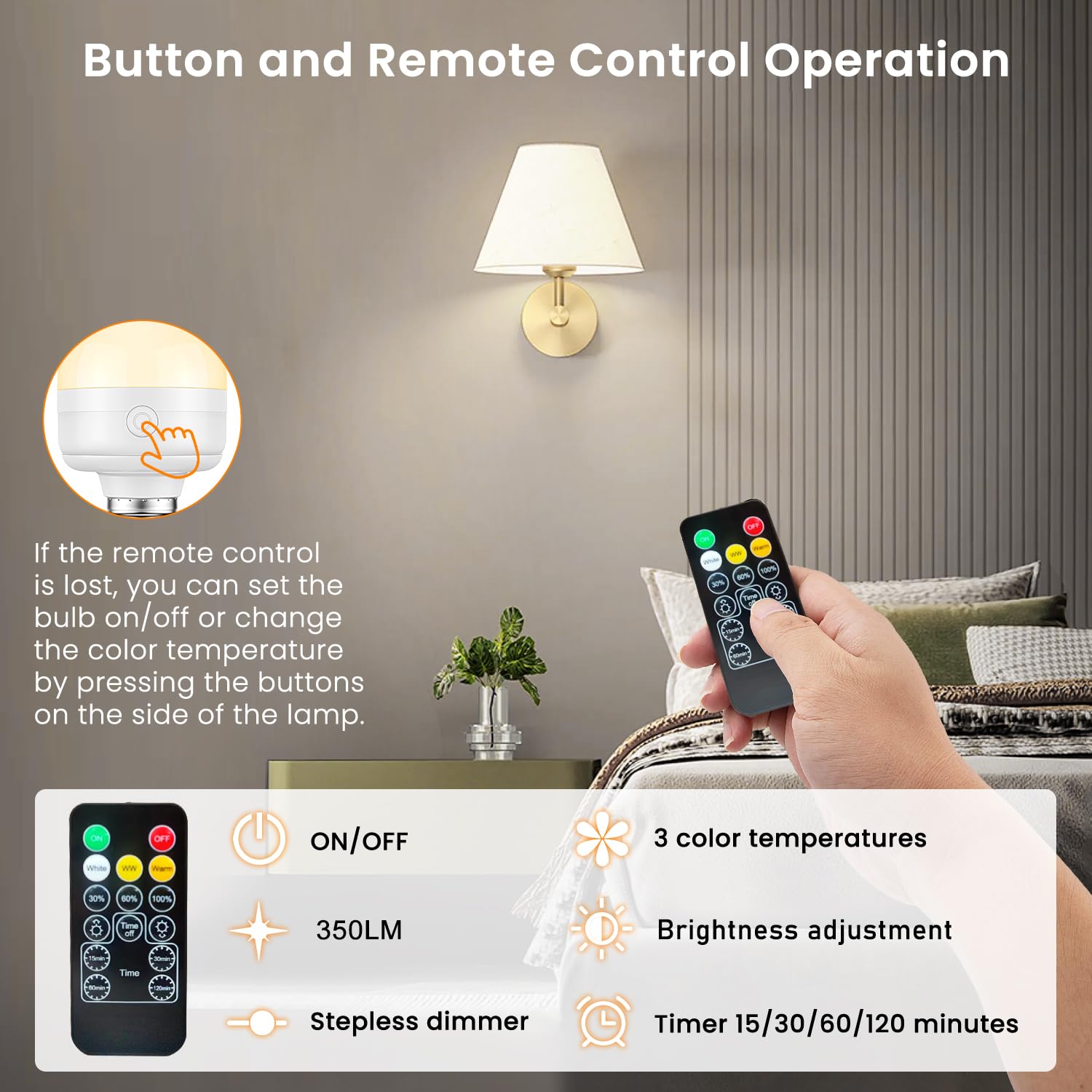 Scopow Rechargeable Light Bulbs With Remote Control Timer And 3 Color Temperature 600Lm Magnetically Battery Operated Light Bulbs Dimmer For Non-Hardwired Detachable (8W+E26+3Colors+4Pc)