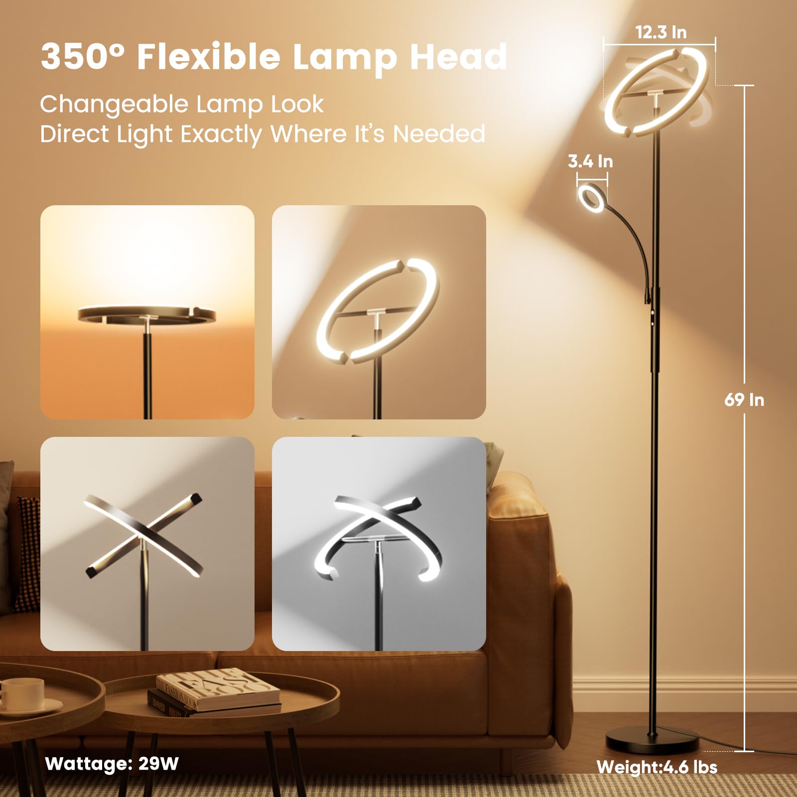 Sibrille Led Floor Lamp For Living Room - Modern Standing Lamp With Reading Light, Remote Touch Control Floor Light Dimmable Mot