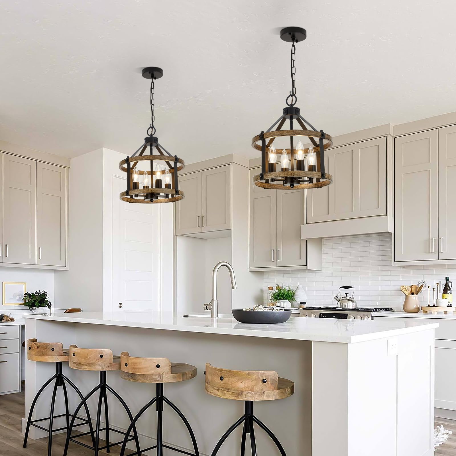 12.5'' Farmhouse Chandelier Light Fixtures, 4 Light Rustic Chandeliers, Black And Vintage Wood Finish Metal Industrial Chandelie