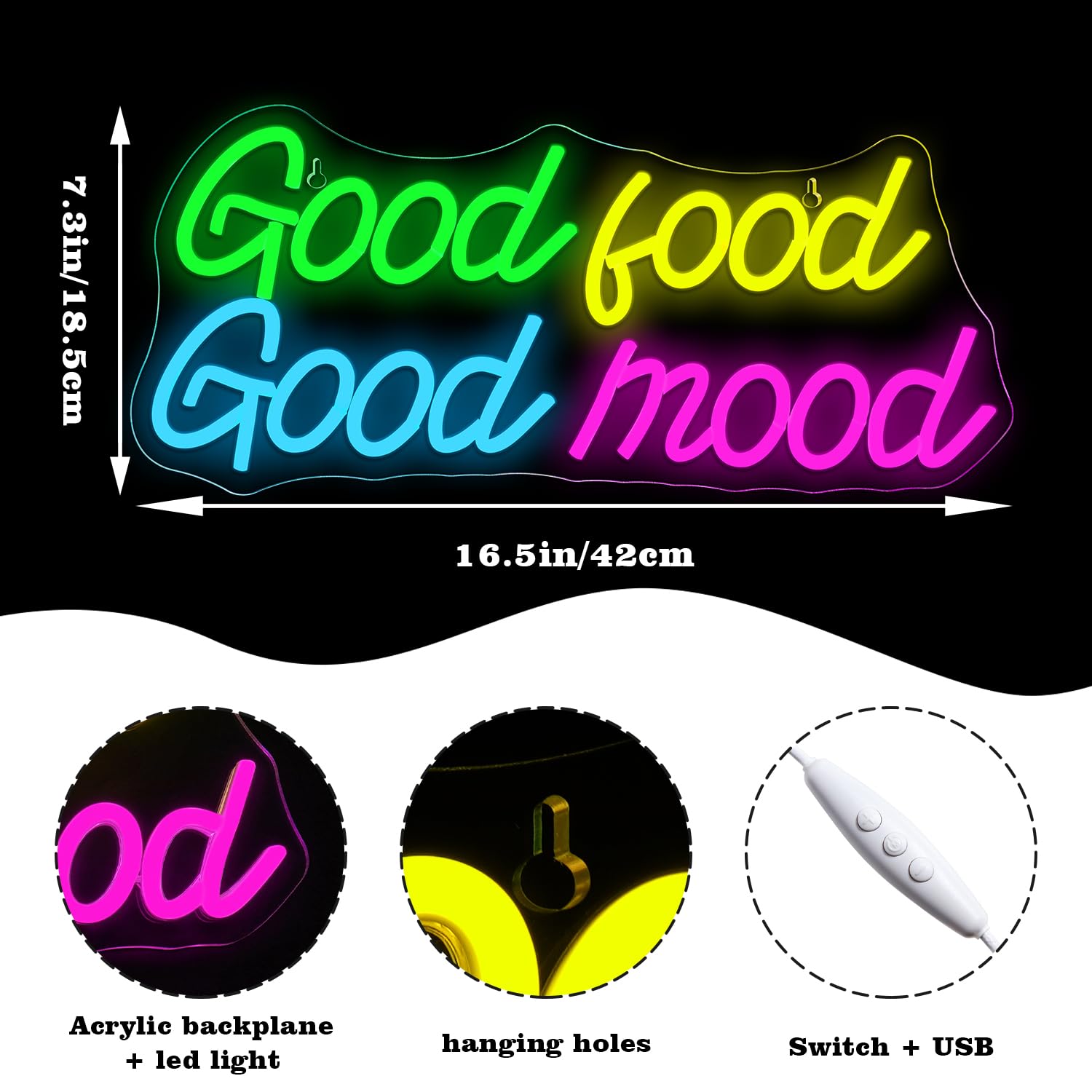 Looklight Good Food Good Mood Neon Sign Letter Neon Signs For Wall Decor Colorful Led Lights For Kitchen Fast Food Shop Cafe Restaurant Store Snack Shop Room Decorations Gifts