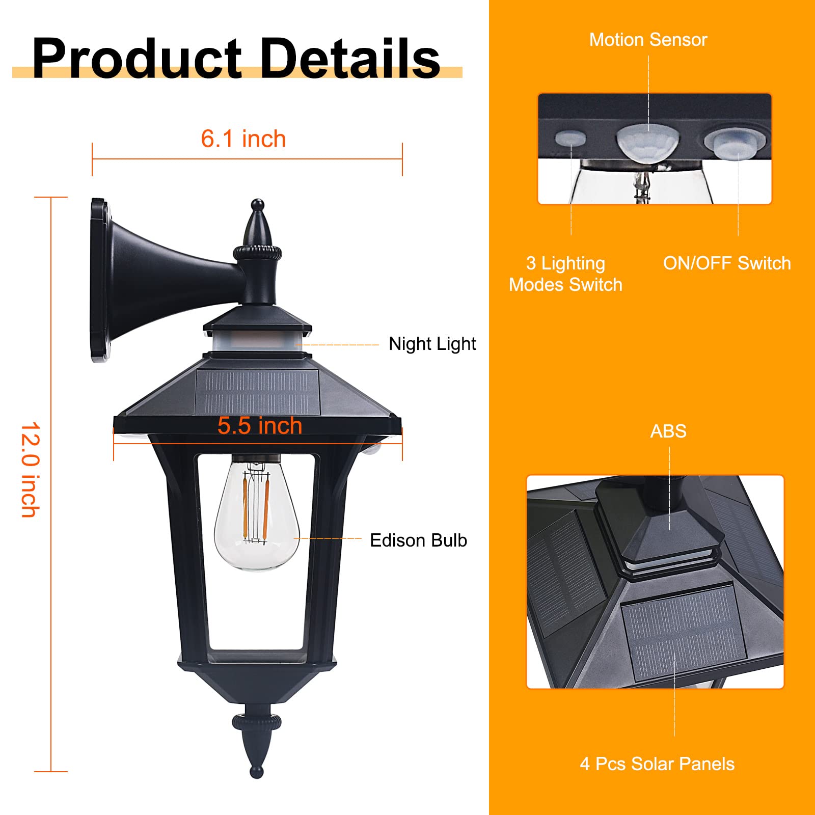 Kuniwa Motion Sensor Solar Wall Lights Outdoor With 3 Lighting Modes, Dusk To Dawn Led Wall Lantern Porch Sconce Waterproof Exte