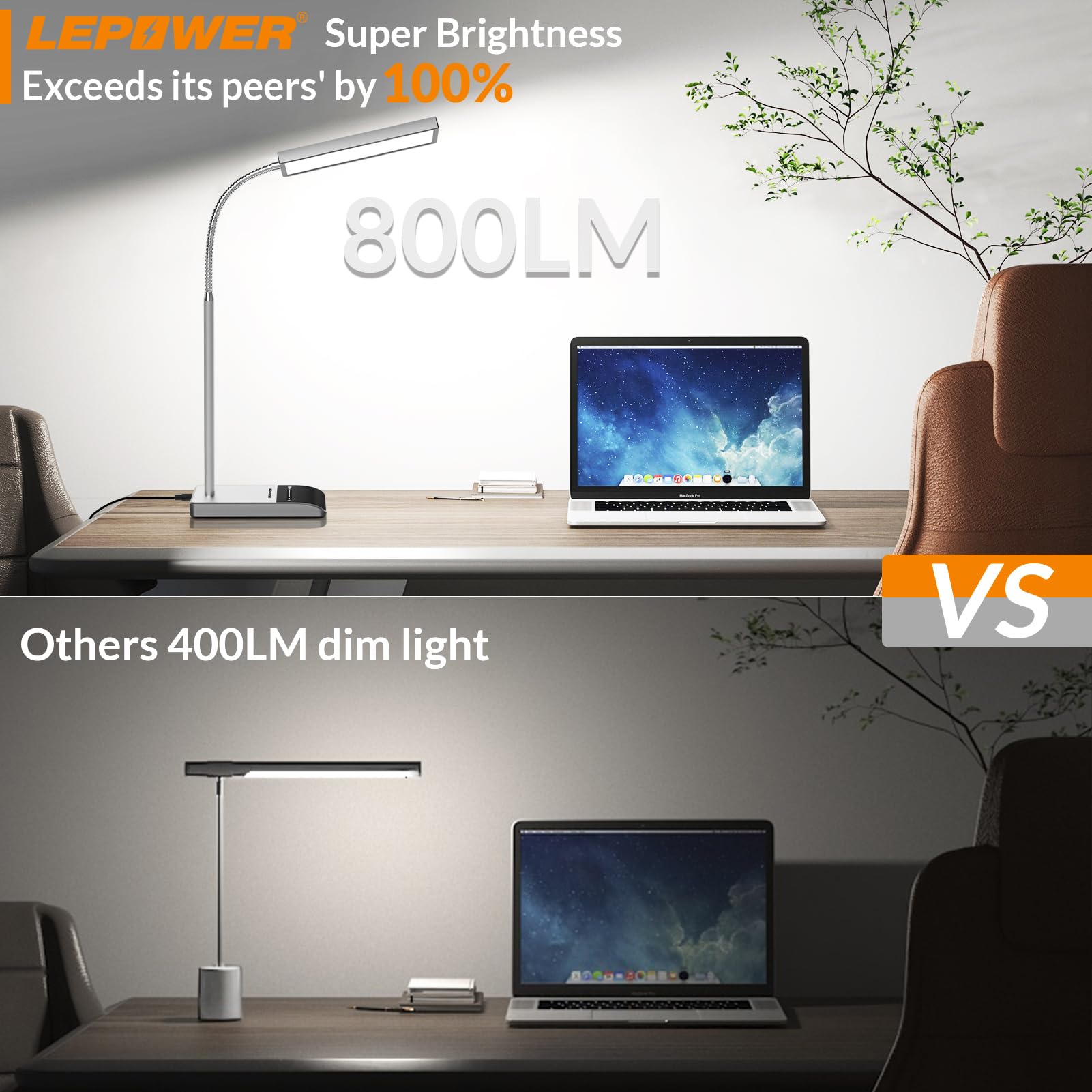 LEPOWER Desk Lamp, 800LM LED Touch Gooseneck Light, 12W Eye-Caring, 50 Modes, Grey, Model DL-13