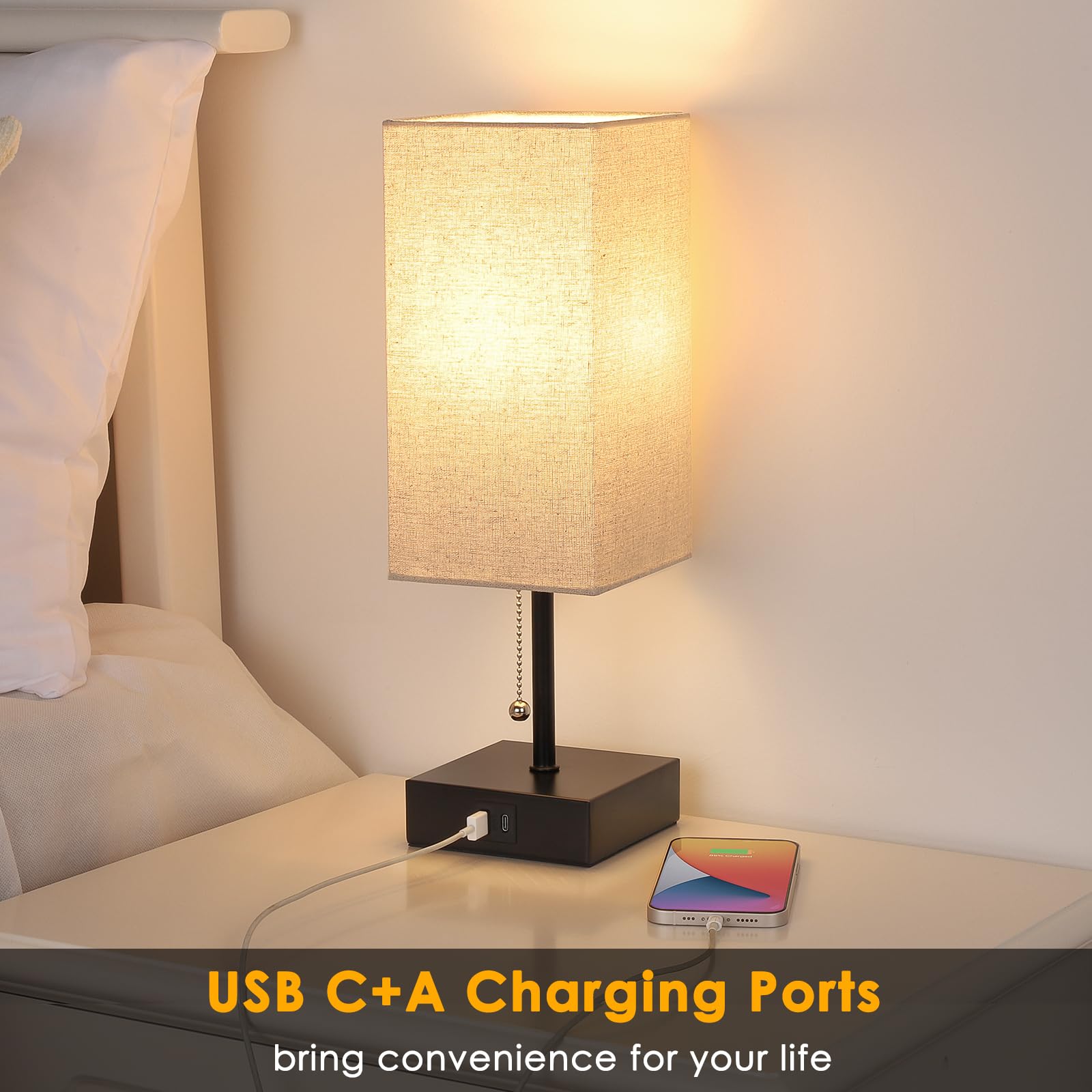 Ggoying Set Of 2 Bedside Table Lamp, Pull Chain Table Lamp With Usb C+A Charging Ports, 2700K Led Bulb, Fabric Linen Lampshade,