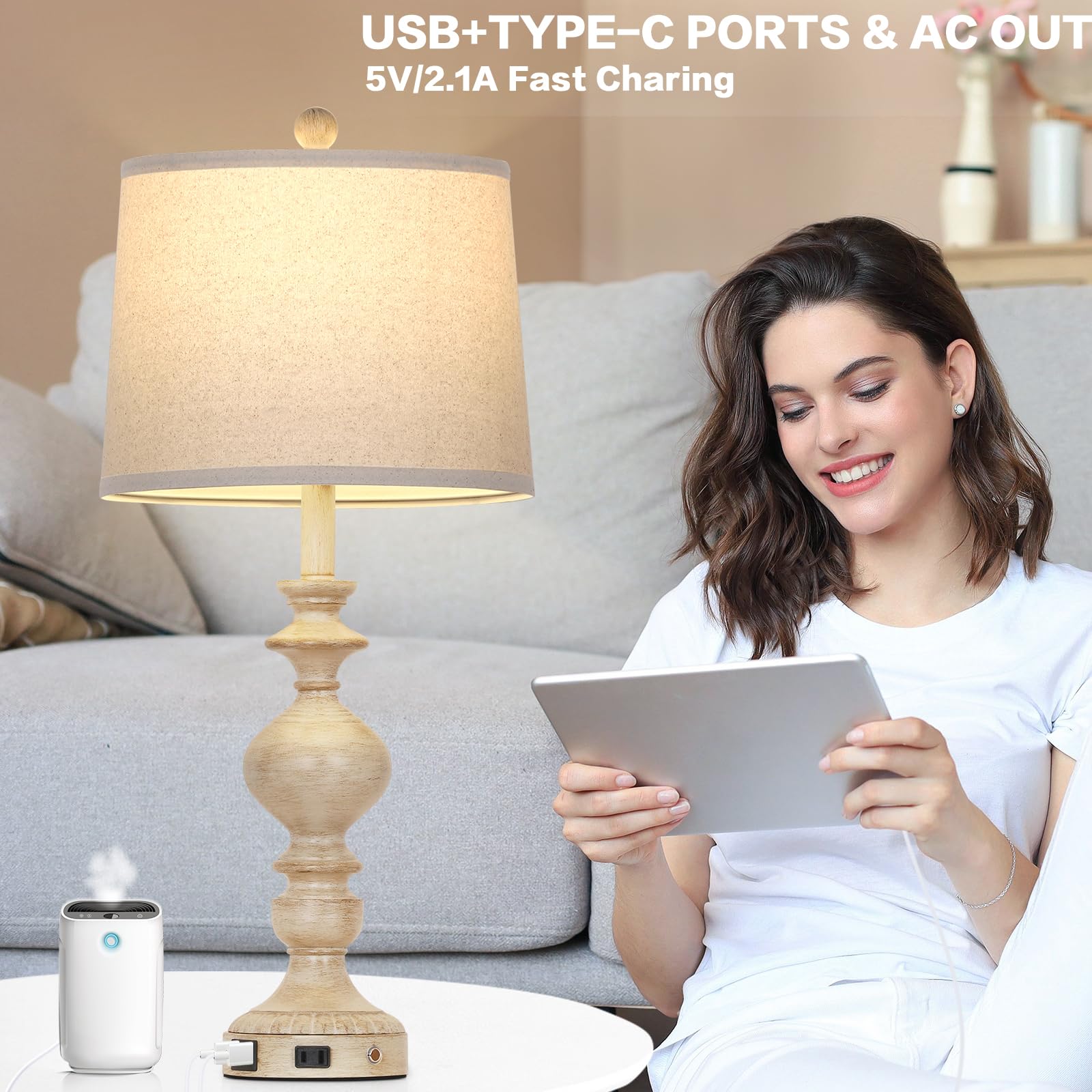 28'' Farmhouse Table Lamps Set Of 2, Rustic Lamp For Living Room With Usb C+A Ports & Ac Outlet, 3 Way Touch Control Resin Bedsi