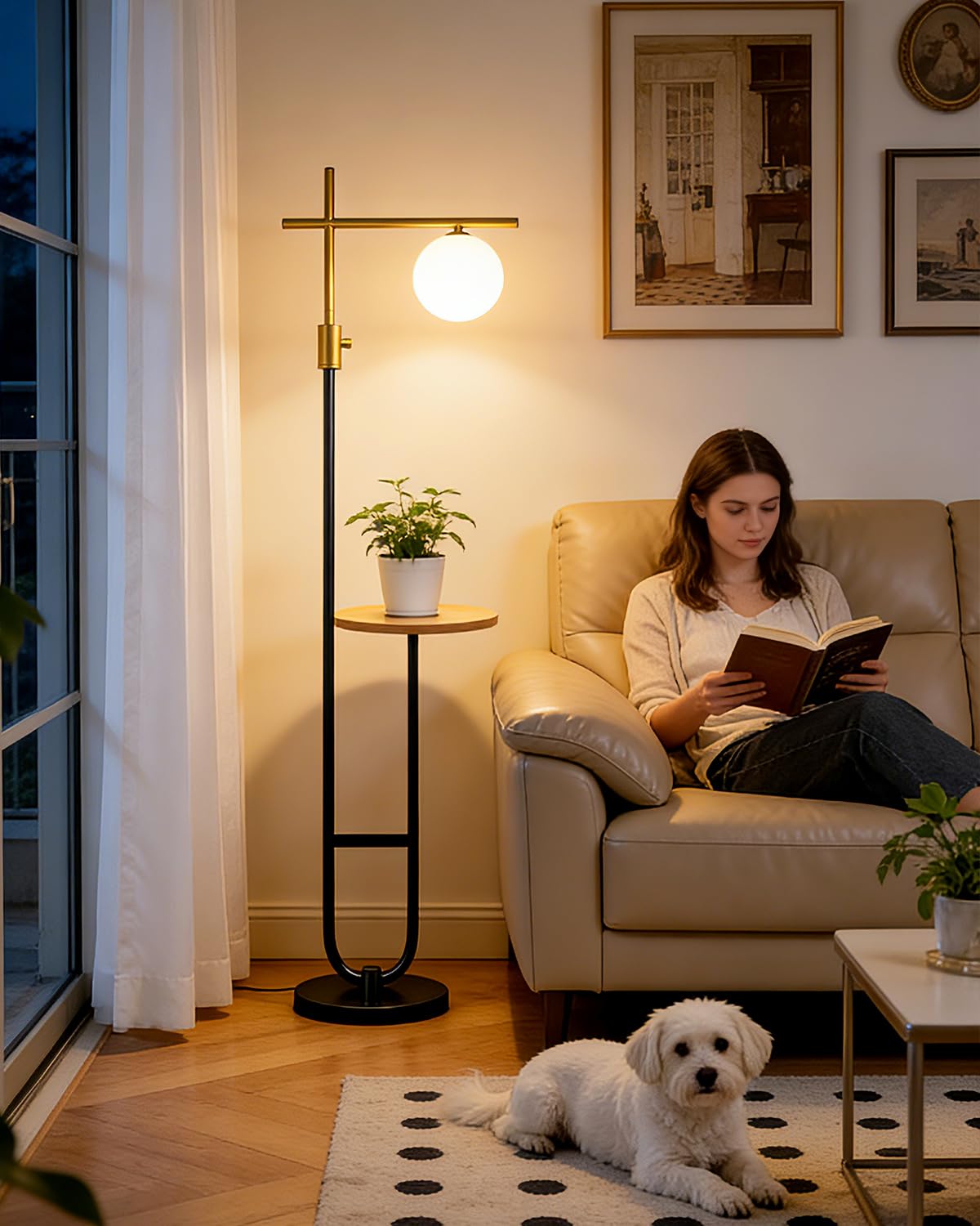 ACOHOOK Floor Lamp with Shelves, Modern Standing Tall Lamp with Milky White Globe Lampshade, Cross-Shaped Lamp Head and U-Pole B
