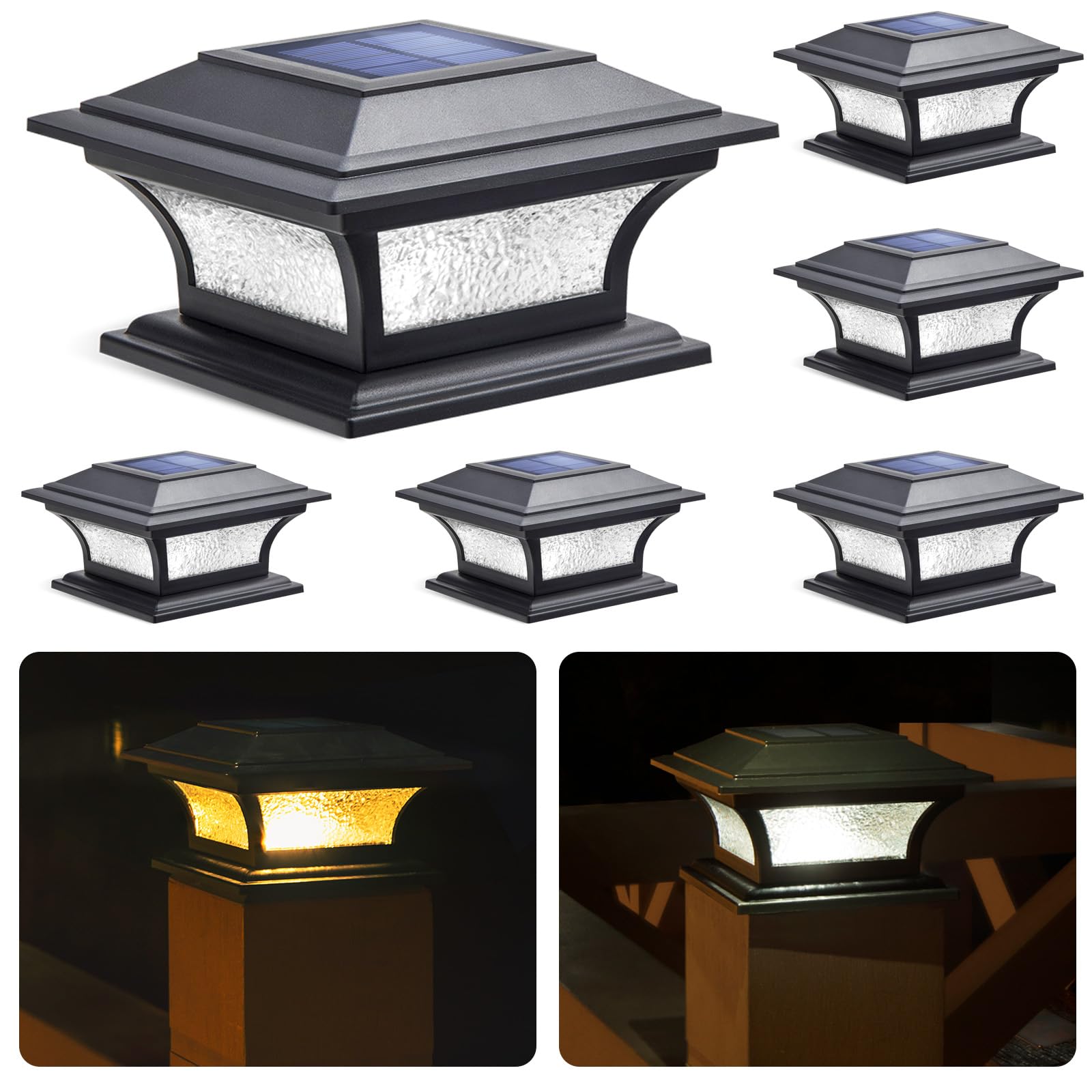 SIEDiNLAR Solar Post Cap Lights Outdoor Glass LED Fence Deck Light 2 Modes for 4x4 5x5 6x6 Wooden Vinyl Posts Patio Garden Decor