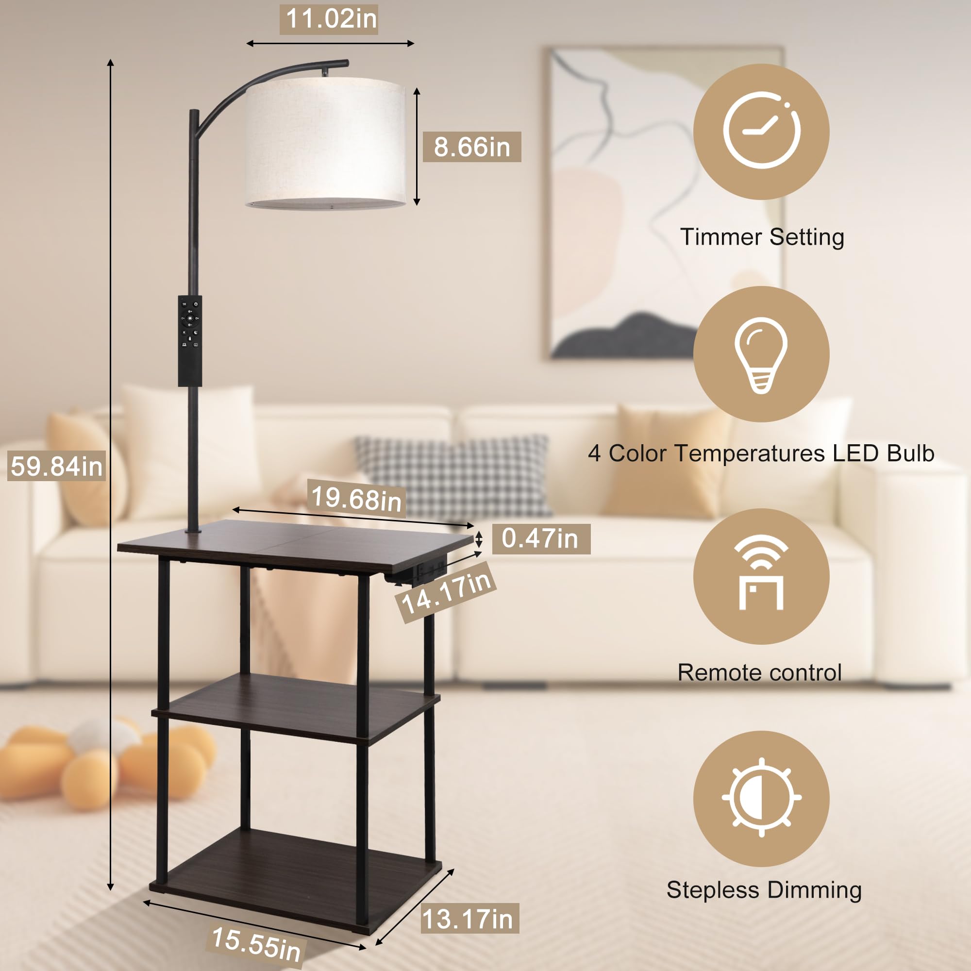 PESRAE Floor Lamp with Remote, Adjustable 3000K-6000K, Rustic Brown, PFL-009, Linen Fabric Shade, Charging Station for Bedroom & Living Room