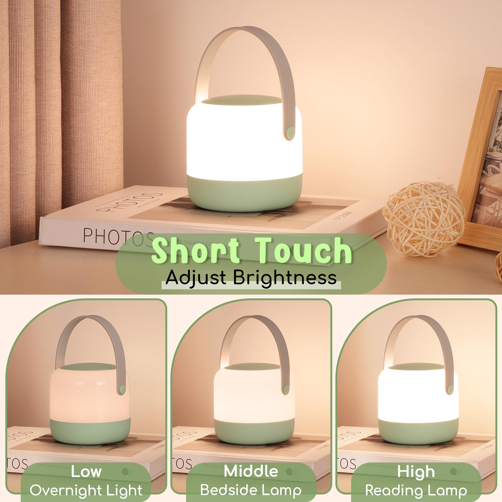 Folksmate Portable Night Light, 3 Color Bpa Free Green Nursery Cordless Touch Table Lamp For Baby, Kids And Adults, Rechargeable