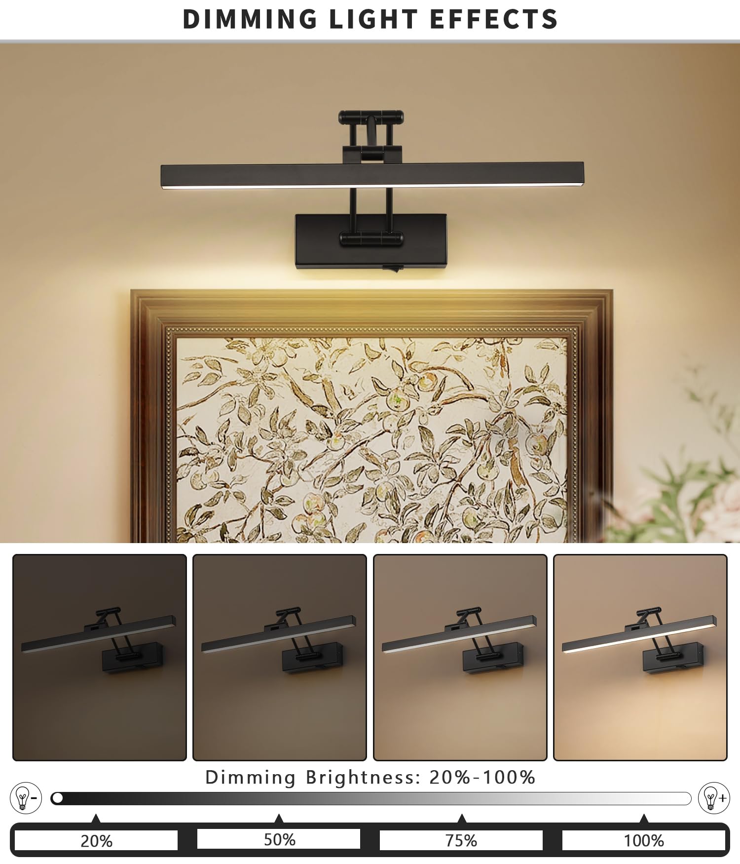 Pasoar Picture Light - 15.7" Battery Operated Dimmable LED Wall Sconce, Black Metal, Model 9960-1, Indoor Cordless with Swing Arm