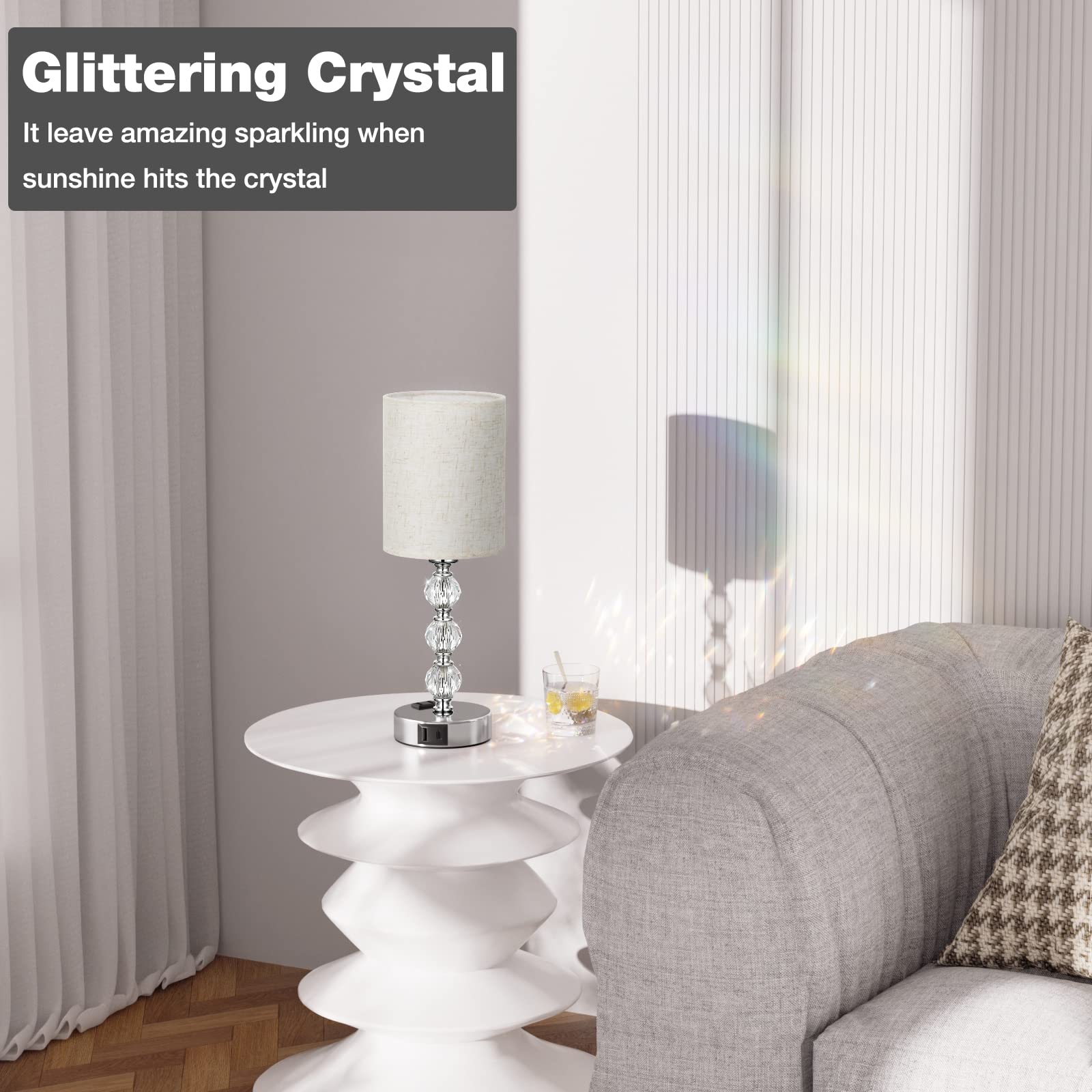 Acaxin White Crystal Table Lamp - 3-Way Dimmable With Usb C+A, 14.6In Nightstand Light For Bedroom, Living Room, Kitchen