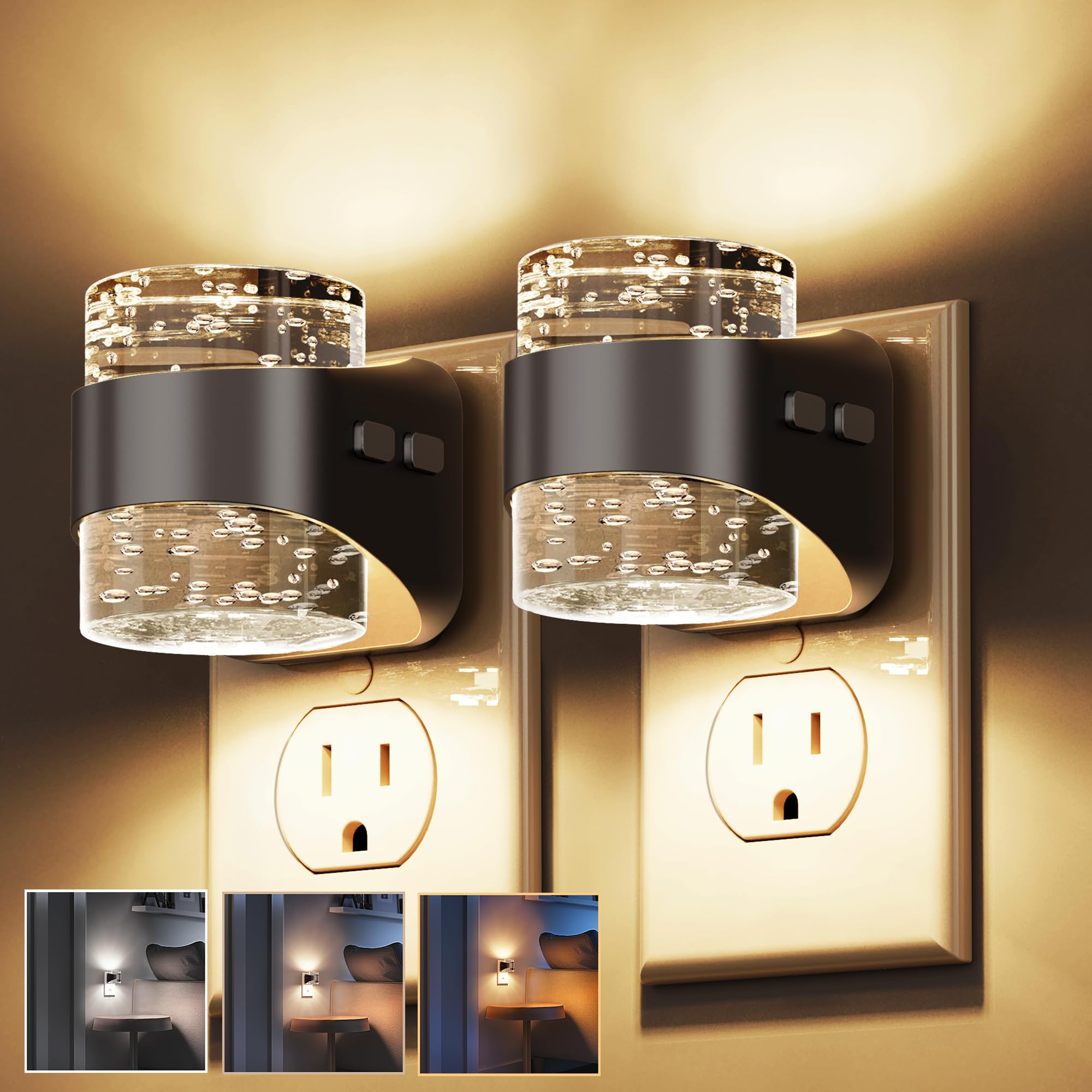 L LOHAS LED Night Light  Bubble Night Lights Plug into Wall 2 Pack 3000K/4000k/5000K Adjustable Color Temperature Night Light Dimmable Nightlights with Dusk to Dawn Sensor for Rooms Bathroom Hallway