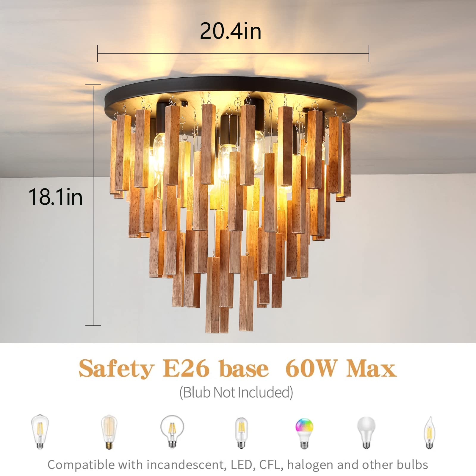 Fivootvi 7-Light Flush Mount Ceiling Lamp - Rustic Oak & Black, Iron, 18.1in for Kitchen, Dining, Living Room, Bedroom, Foyer, Hallway