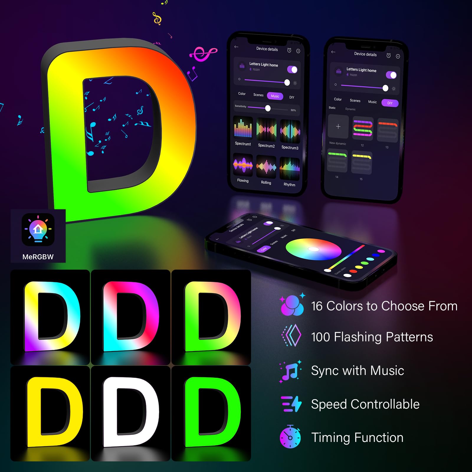 Kangtaixin LED Letter Light D - USB Powered, Color Changing, APP Control, Decorative Night Light for Parties and Birthdays