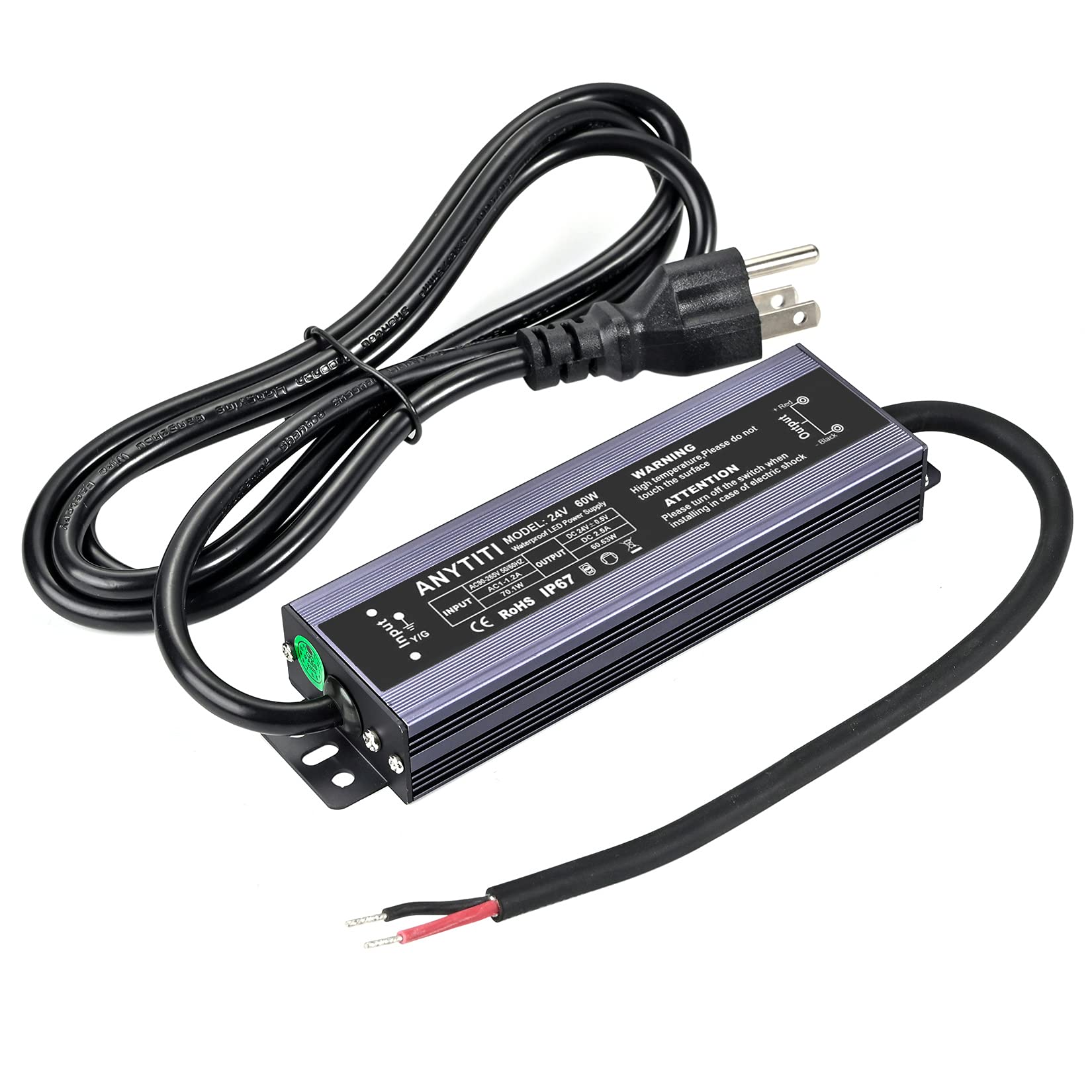 ANYTITI LED Driver,LED Power Supply IP67 Waterproof Output 60W DC24V 2.5A 3-Prong Plug 4.5feet (24V 60W)