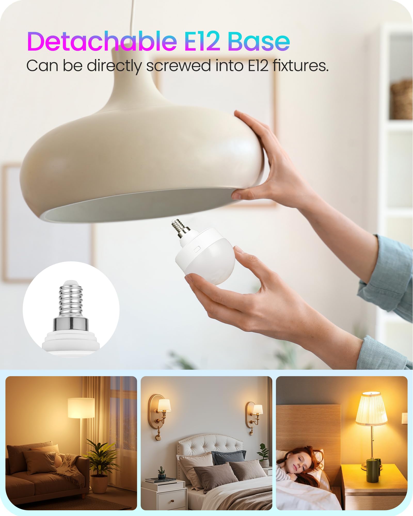 GOEBLESON Rechargeable Light Bulbs, E12-2Pack, 15 Colors, Dimmable RGB LED, Model R08YBP205, Battery Operated with Remote Control