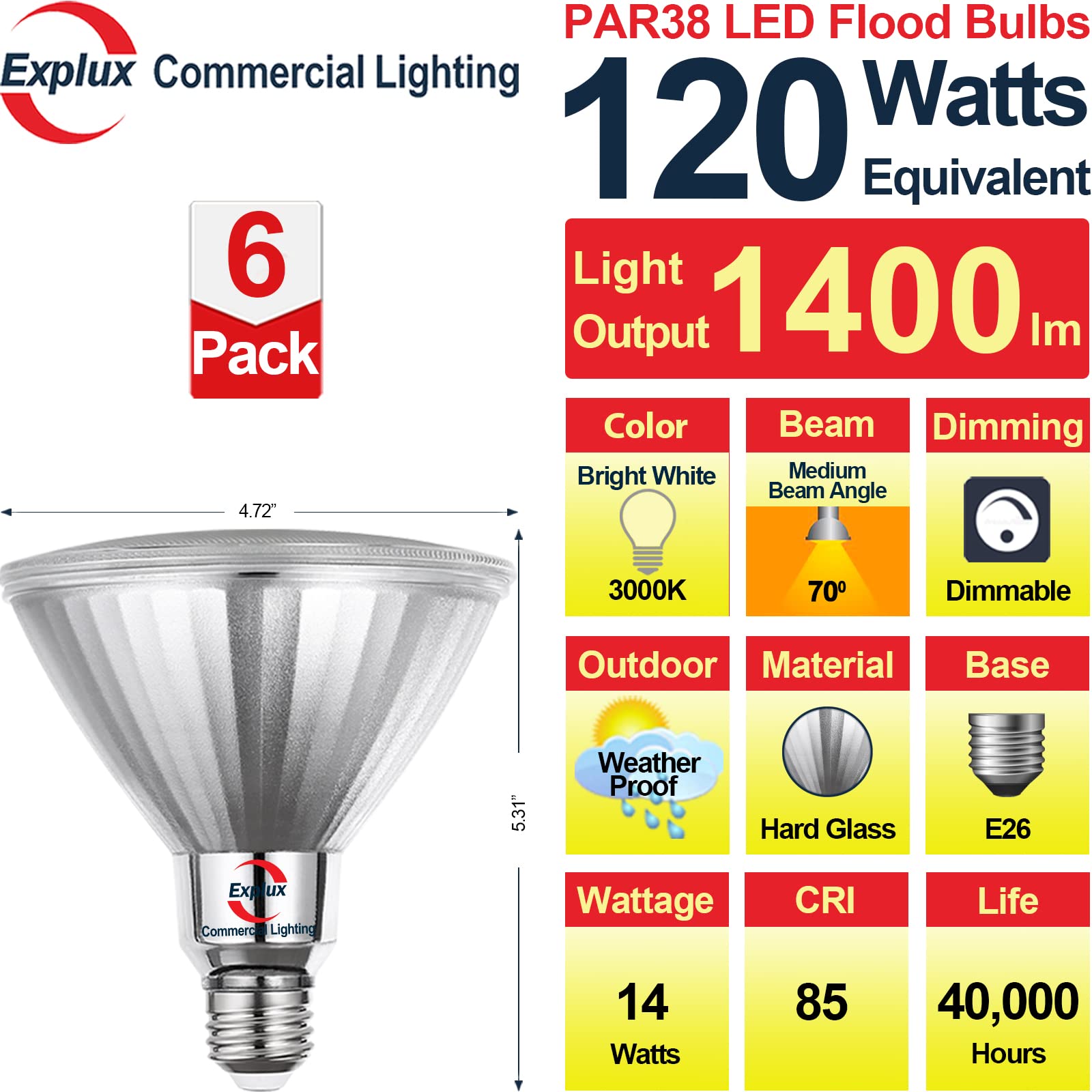 Explux Commercial-Grade Led Par38, 120W Equivalent, 1400 Lumens, 40000 Hours, Classic Full Glass Flood Light Bulbs, Dimmable, Wa