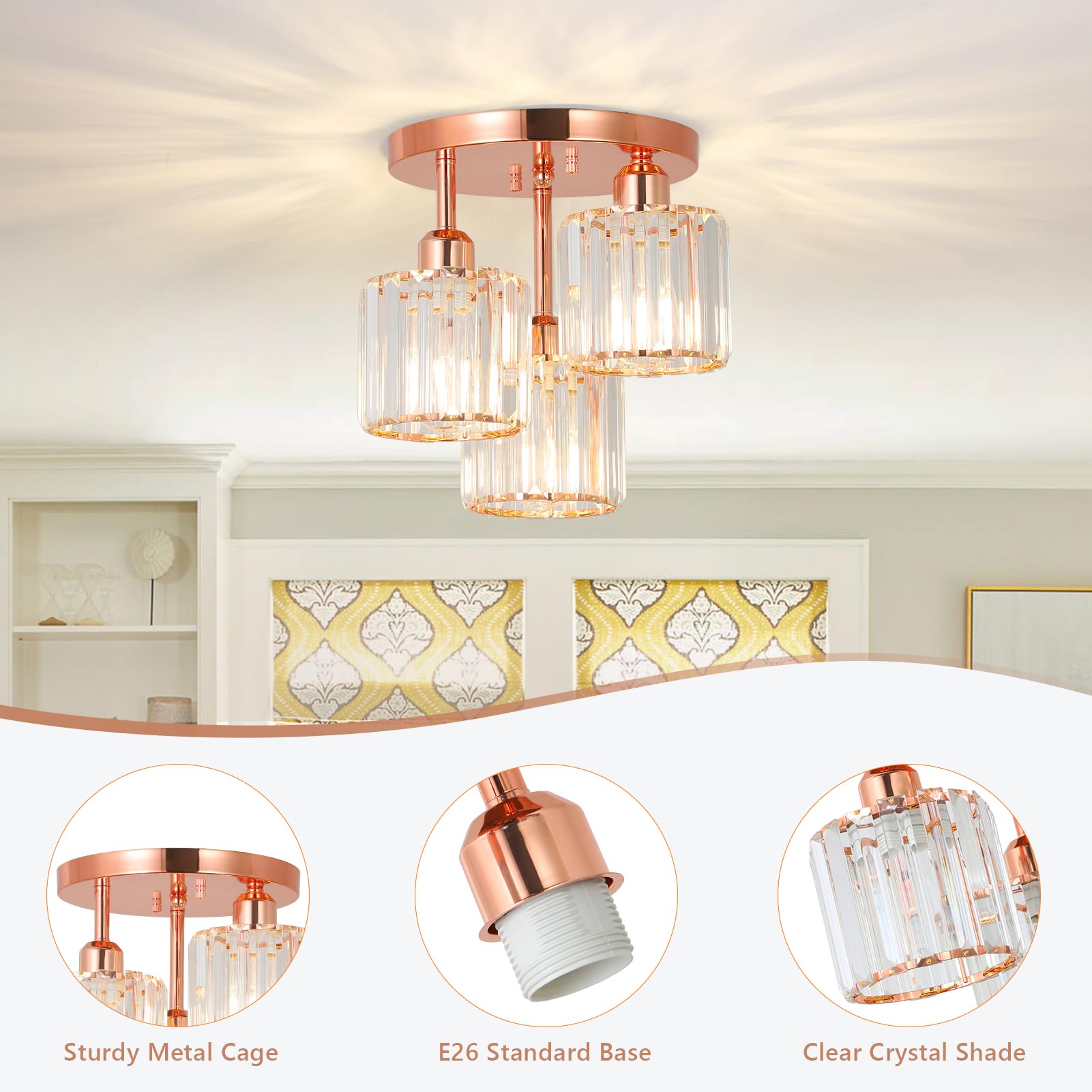 PAUFUL Crystal Semi Flush Mount Ceiling Light, 3-Light Modern Design, Rose Gold, Model 211101F1