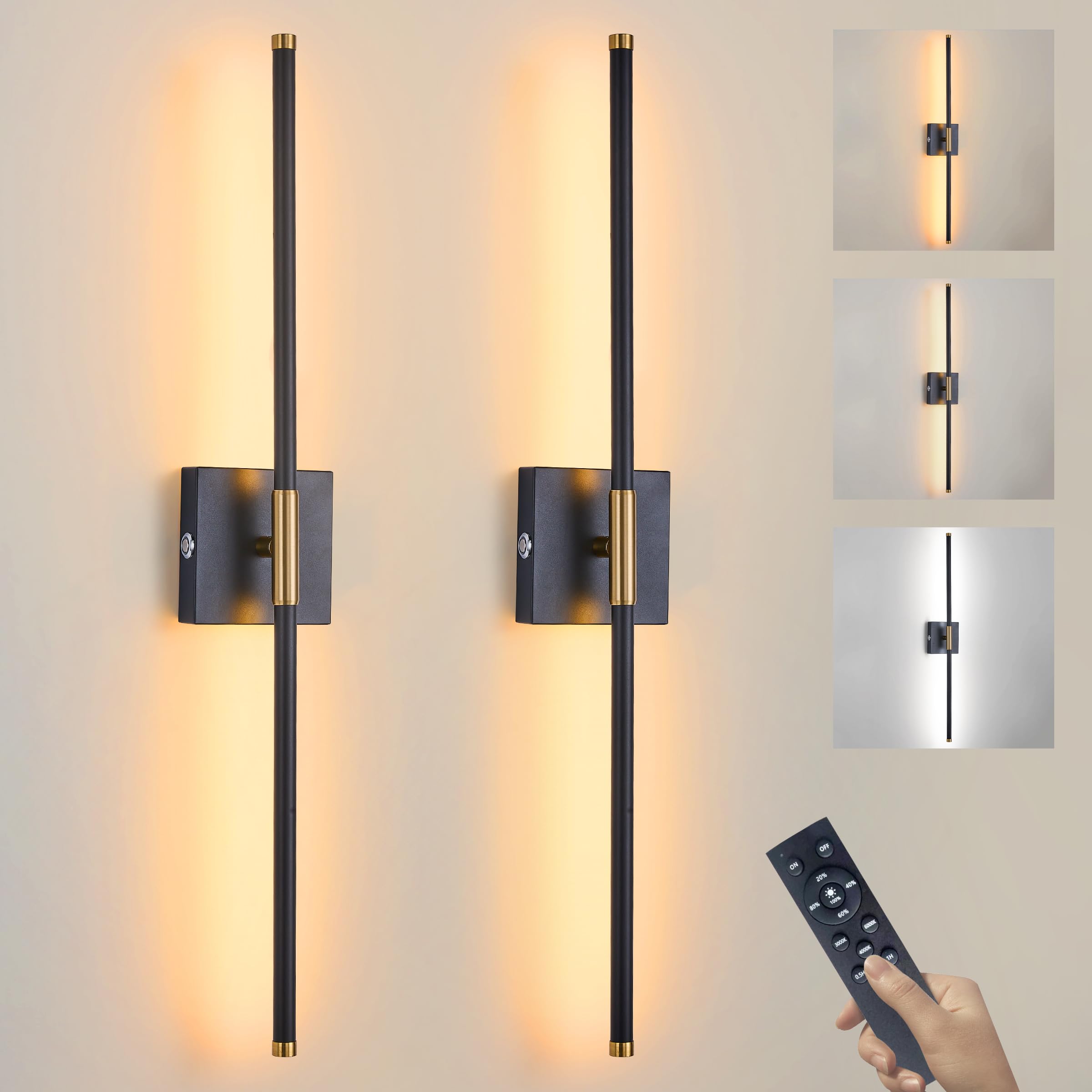 15800 mAh Battery Operated Wall Sconces with Remote Control Dimmable Wall Sconces Set of Two 3000K LED Black and Brass Wireless