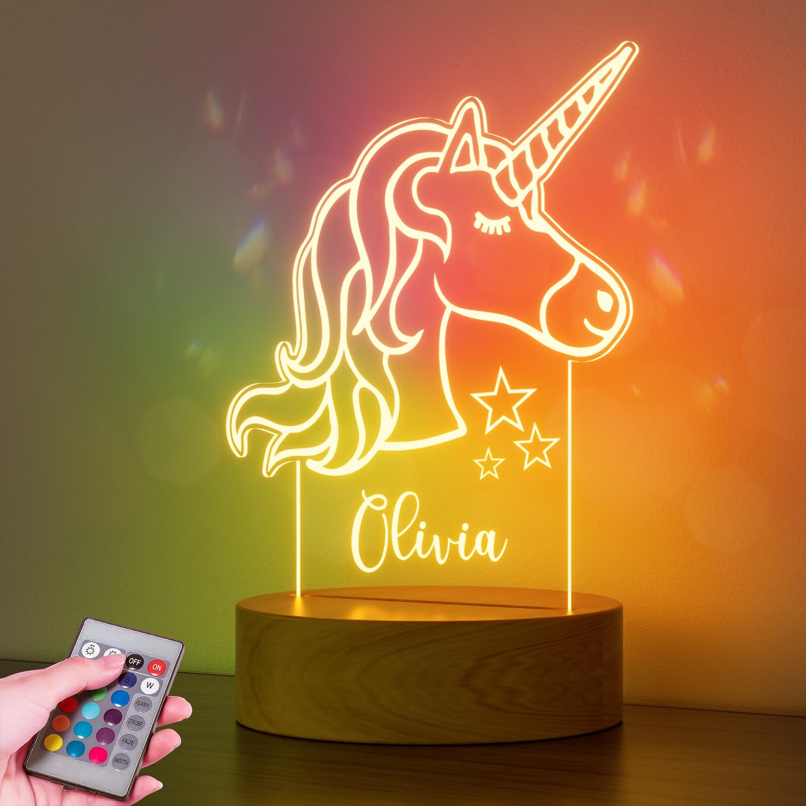 Burst Bird Personalized Acrylic Night Light for Kids, Unicorn Color, Includes Remote, Laser Engraved in the USA, Model PNL-Unicorn