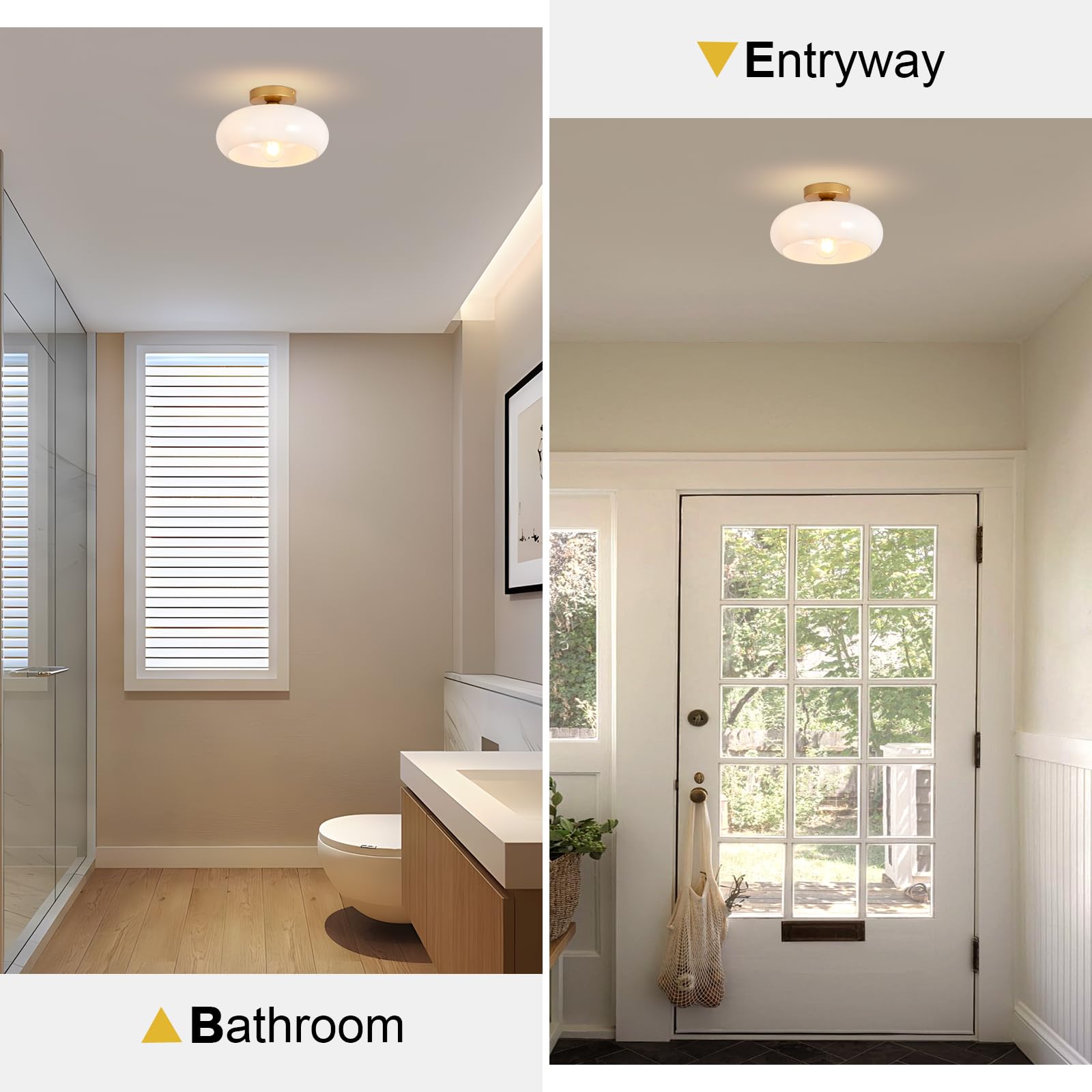 Woknos Mid-Century Modern Gold Semi Flush Mount Ceiling Light, Kitchen Ceiling Light Fixture With Glass Shade, Vintage White Close To Ceiling Lamp For Entryway Hallway Bathroom (8.66 Inch)