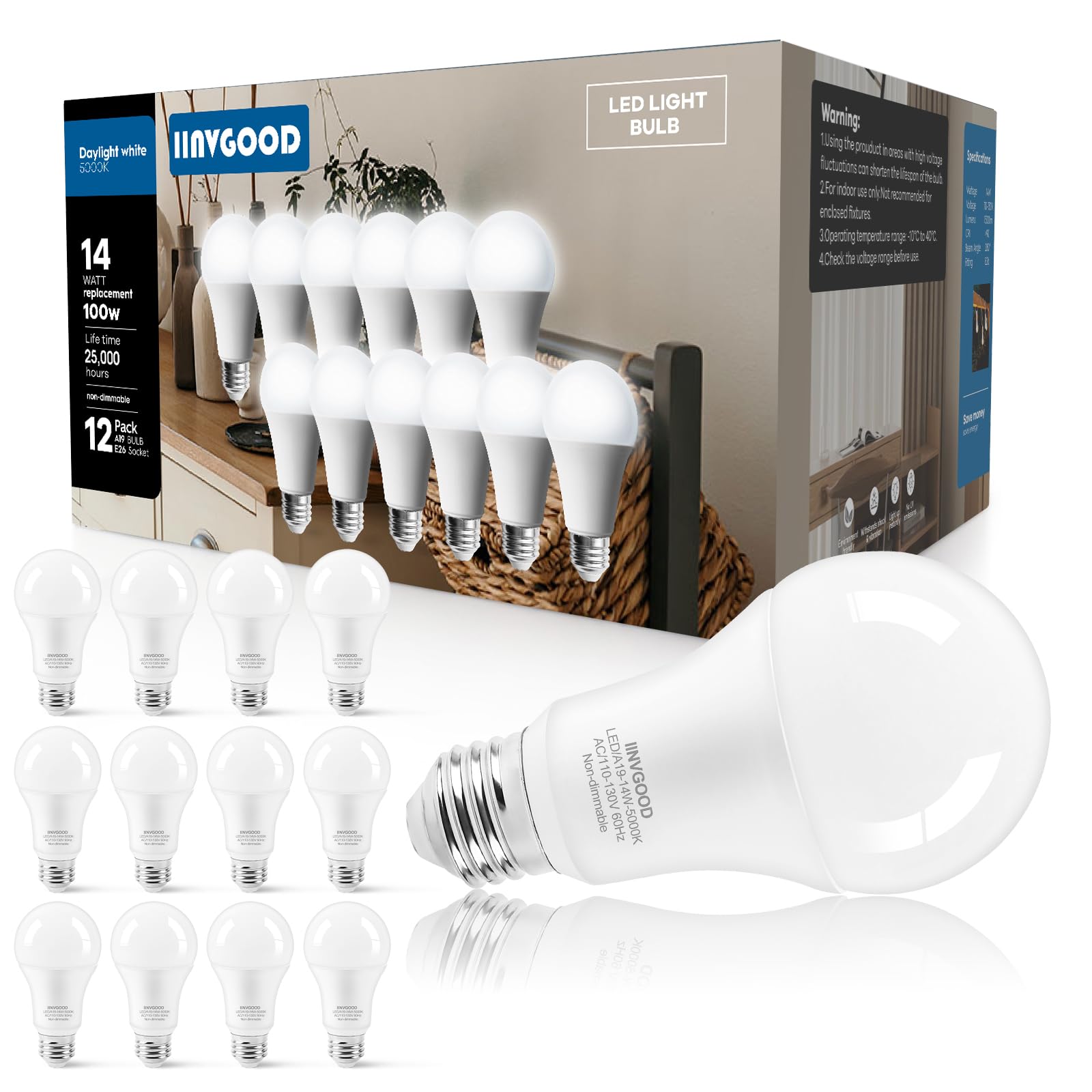 IINVGOOD 14W A19 LED Light Bulbs, 1600LM Bright, 5000K Daylight White, 12 Packs, E26 Medium Base, CRI 90+,