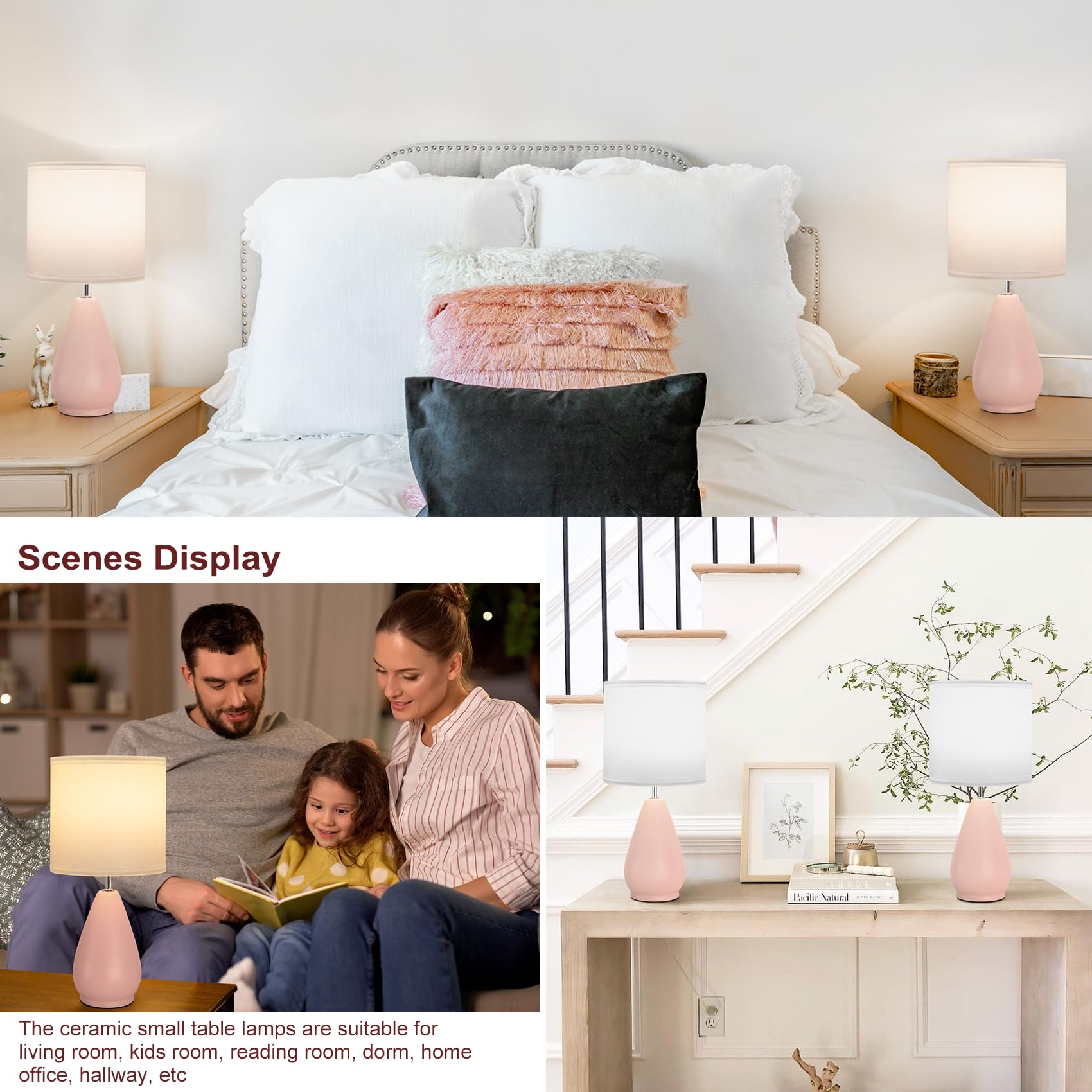 Yacoto Ceramic Table Lamps Set Of 2, Small Pink Bedside Lamps For Bedroom Modern Nightstand With 3 Color Temperatures For Living