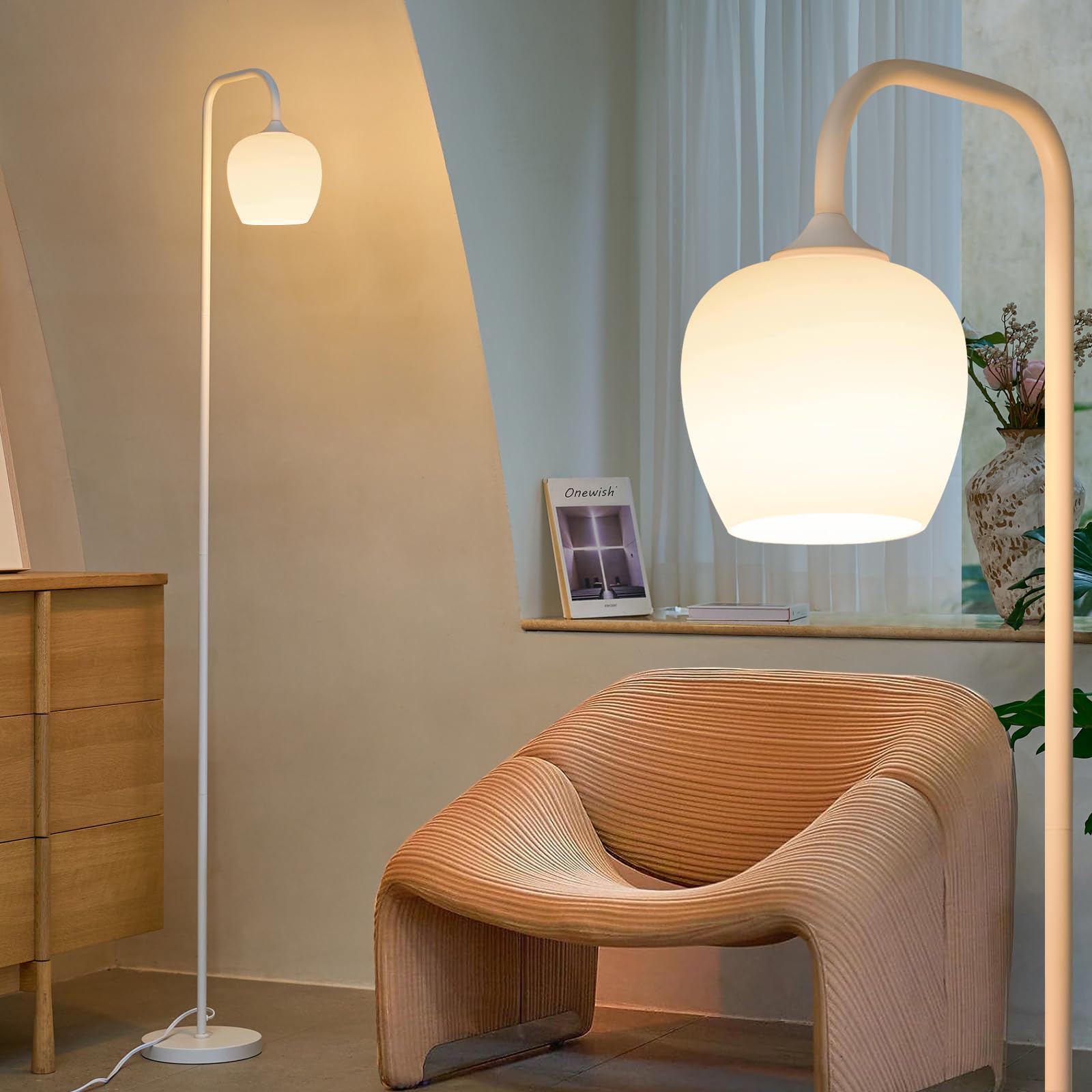 ONEWISH White Floor Lamp-Modern Standing Lamp for Living Room Bedroom, Opal Glass Lamp Shade, LED Bulb Included, for Reading Off