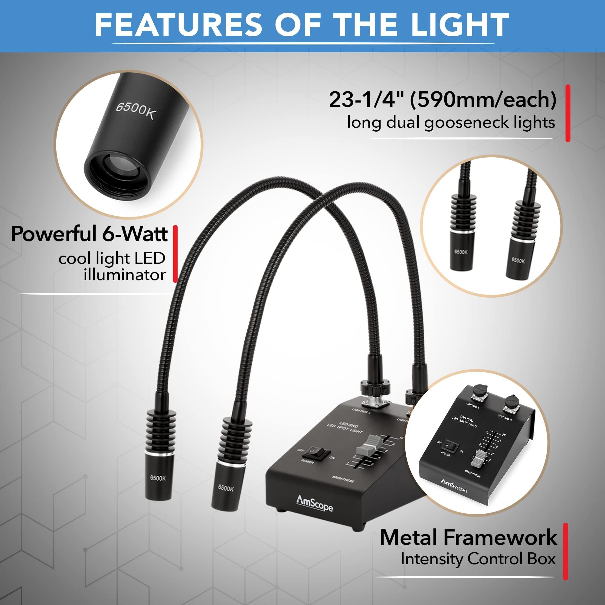 AmScope LED-6W Dual Gooseneck Illuminator Light, Black, 6 Watt, 1 Count