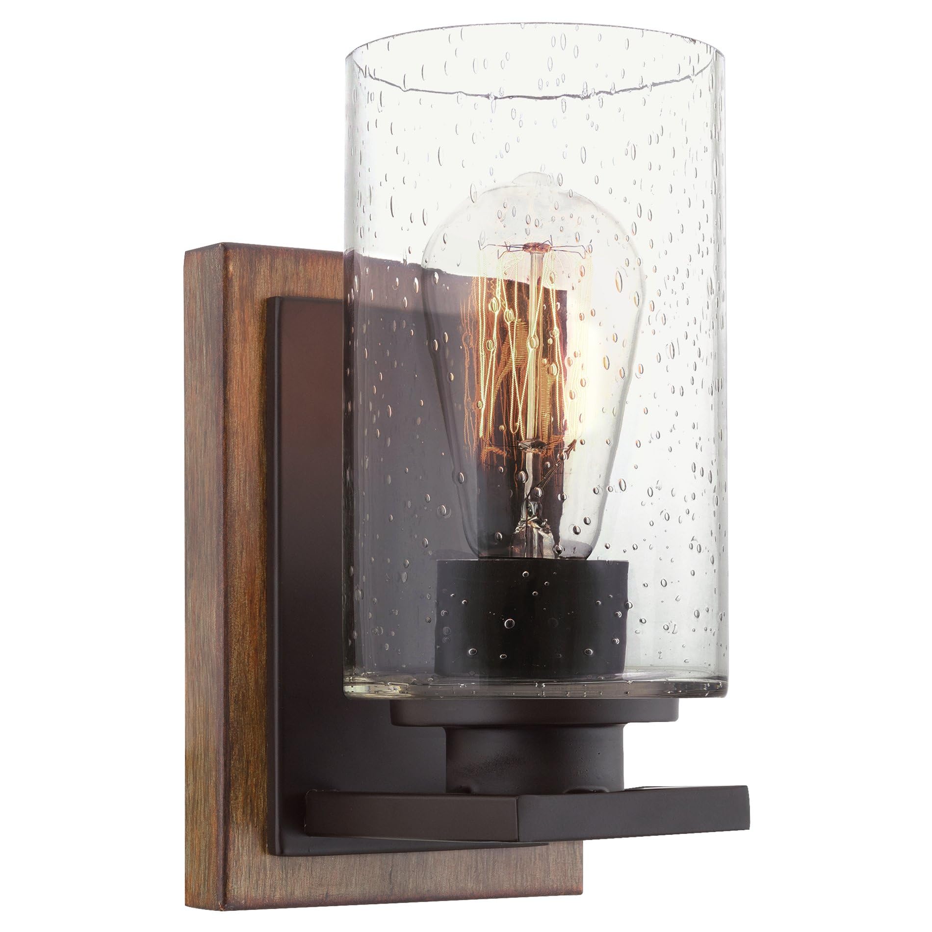 Kira Home Sedona 9'' Modern Rustic Wall Sconce + Seeded Glass Cylinder Shade, Oil Rubbed Bronze + Wood Style Walnut Finish