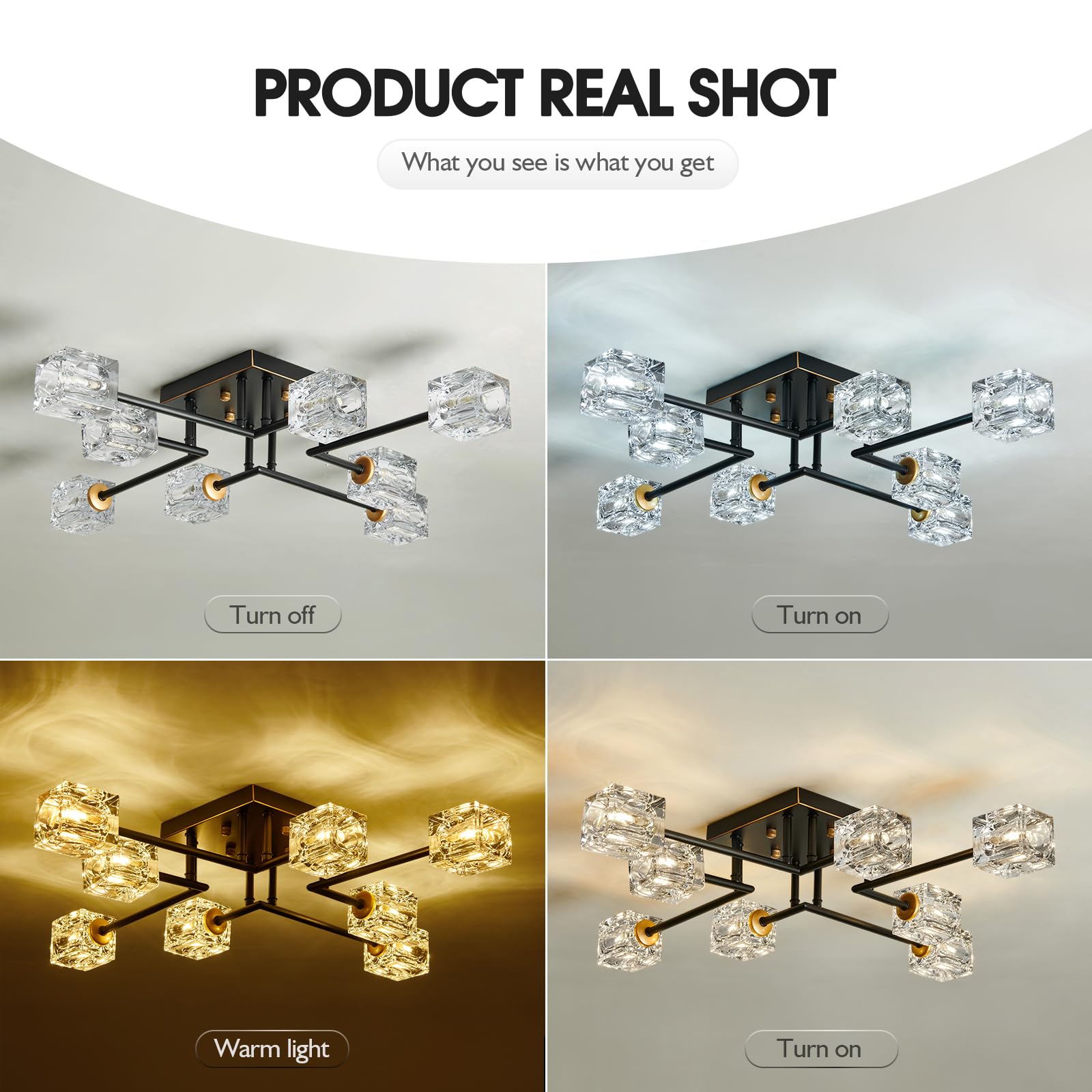 Qgiytp Modern 8-Light Semi Flush Mount Ceiling Light Fixture Black And Gold Chandelier Farmhouse Ceiling Lamp For Dining Room Be