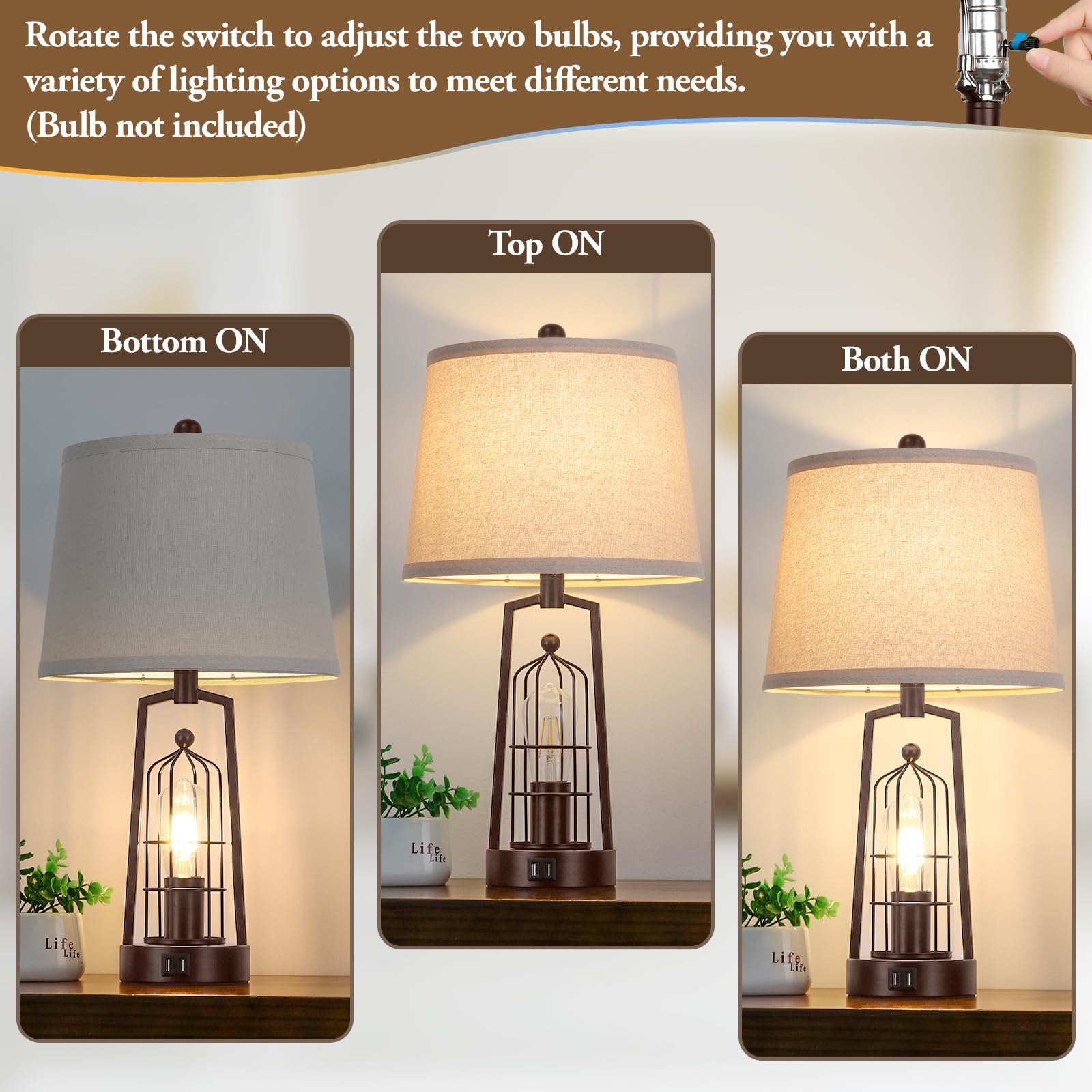 Brightever Farmhouse Table Lamps Set of 2, Metal with Beige Shade, USB Ports, Bronze, Model JT2026.BR