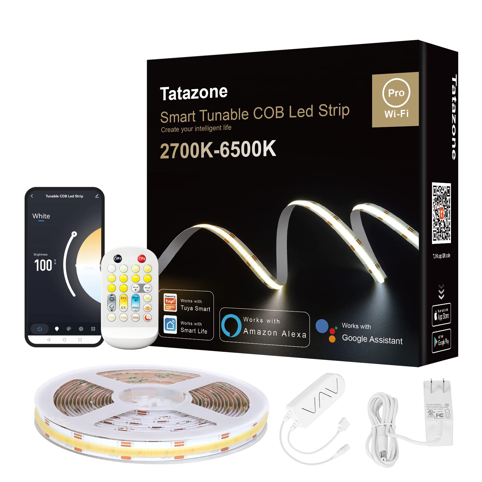 Tatazone 9.84ft Tunable White Smart COB Led Strip Light Kit, CCT 2700K-6500K Bright COB Led Tape Light Work with Alexa and Googl
