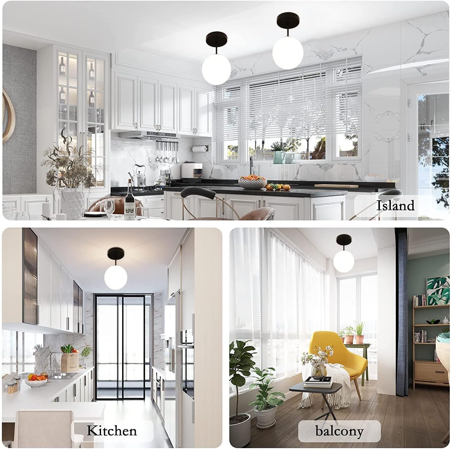 Bagood 8'' Black Semi Flush Mount Ceiling Light Fixture Milk Glass Globe Ceiling Light Fixture Hallway Light Fixtures Mid Centur