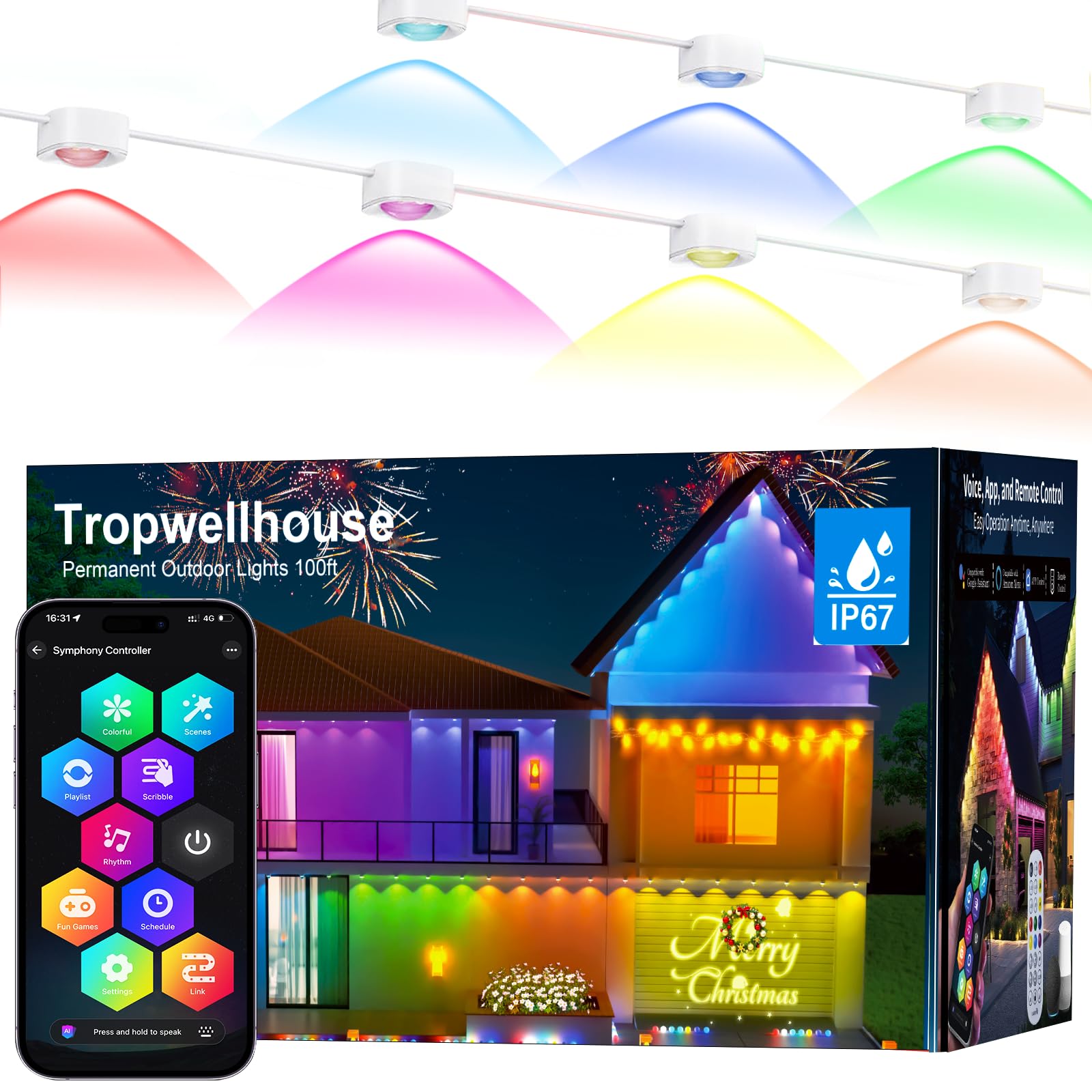 Tropwellhouse Permanent Outdoor Light Pro  100Ft With 72 Rgb+Ic Led Lights  90 Scene Modes  Ai Light Design  Ip67 Waterproof For Halloween Christmas Decor And Daily Lighting  Work With Alexa  Google