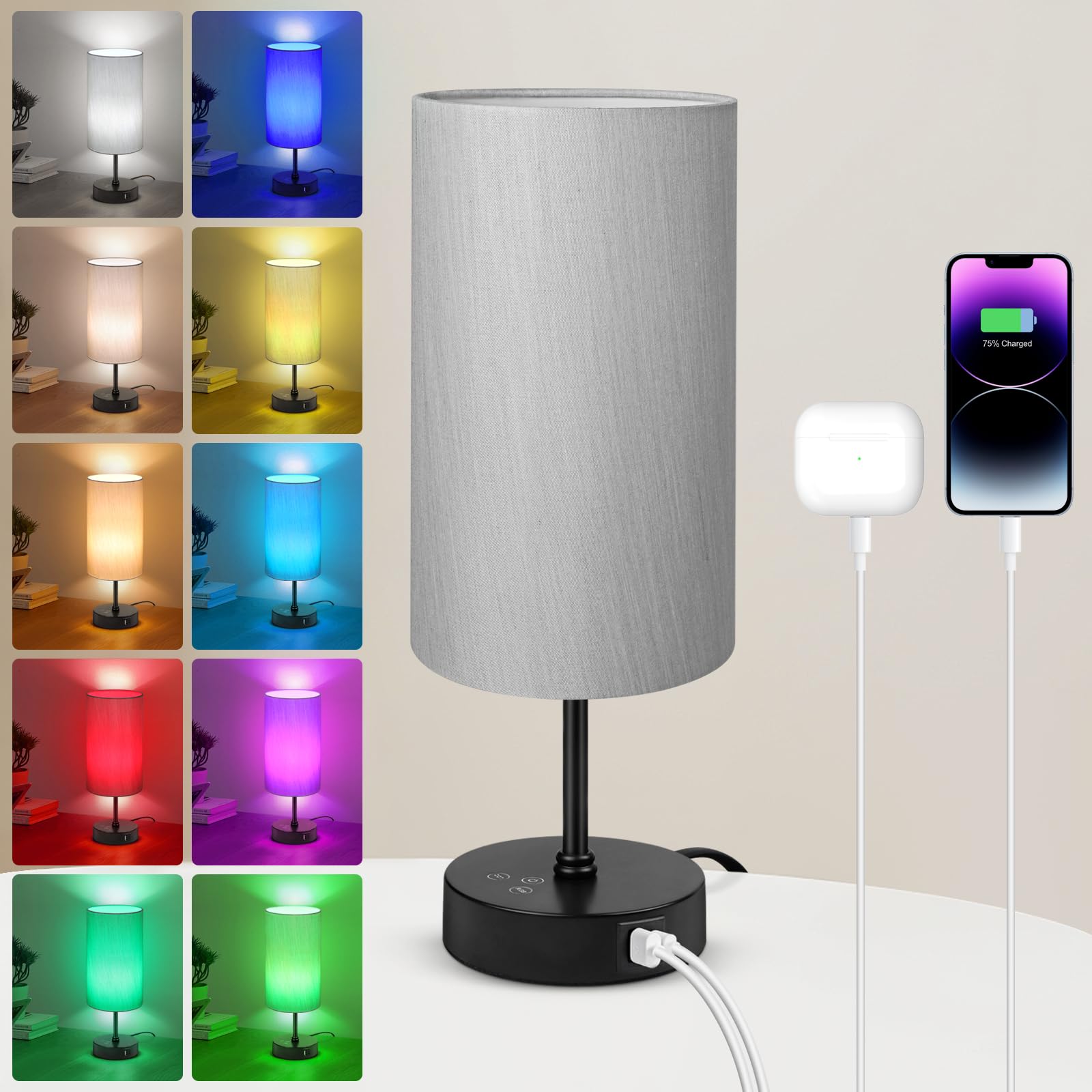 Unicozin Small Table Lamp, 7 Rgb & 3 Cct 3000K/4500K/6500K, Stepless Dimmable Bedside Lamp With Grey Shade, Touch Control Ambien