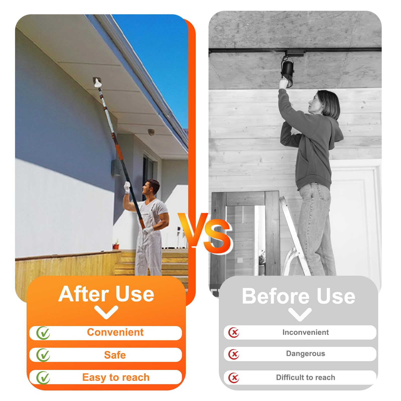 LAANPOLE 26FT Reach Light Bulb Changer with Suction Cup & Baskets, Orange, Aluminum, Model 001 for High Ceilings and Recessed Lights
