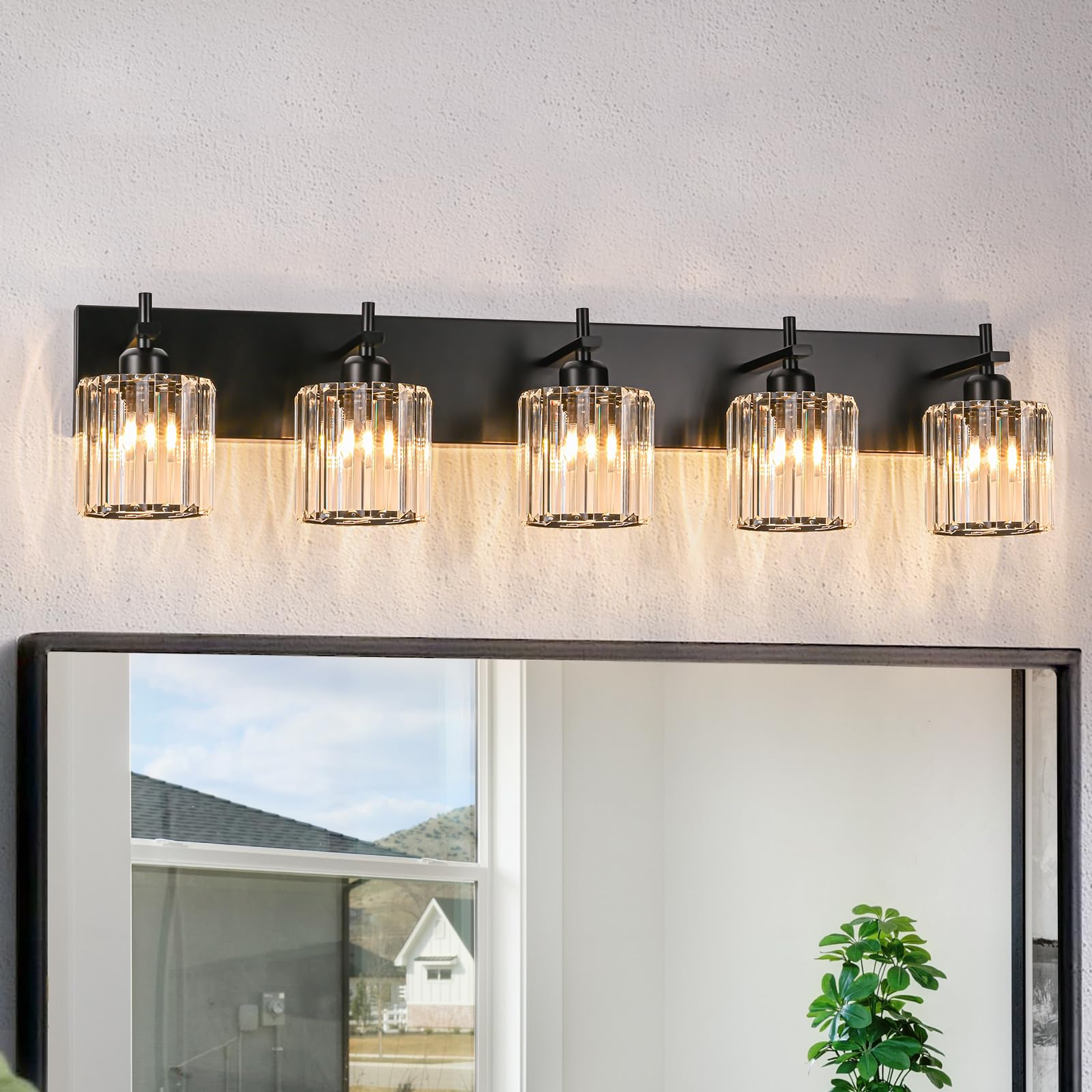 HUOKU Black Crystal Bathroom Vanity Lights, 5-Light Modern Fixture Over Mirror, Metal & Crystal, Round Shade