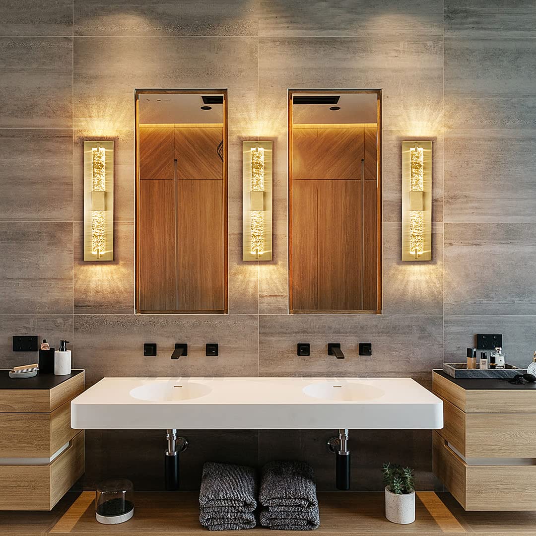 WOSHITU LED Wall Sconce Light - 19" Gold Dimmable Crystal Fixture for Bathroom, Living Room, Bedroom, Hallway