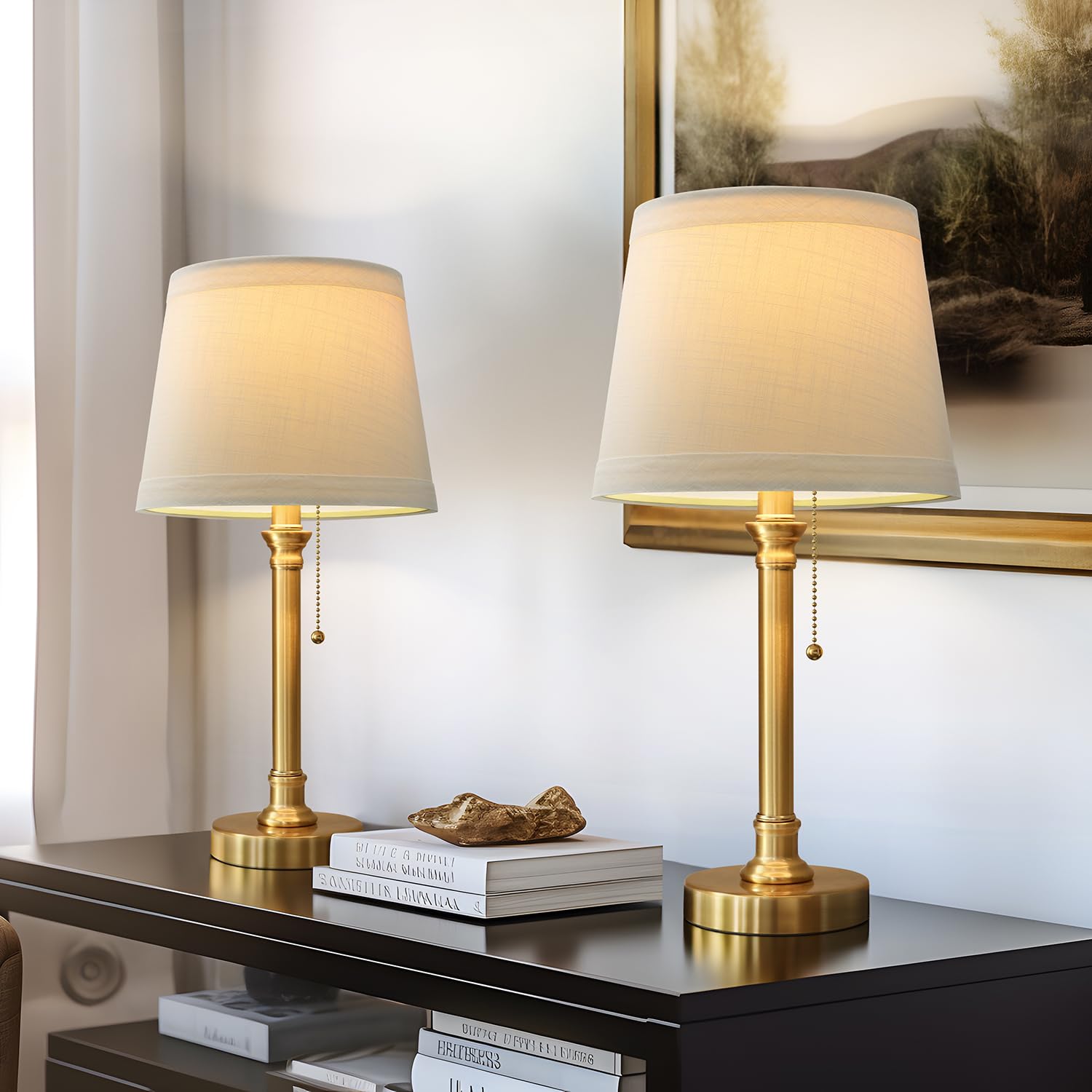 Oneach Brass Table Lamp Set of 2, 19.5in  Traditional Nightstand Lamps, Gold with White Drum Shade, Model AMZ-T0009GL