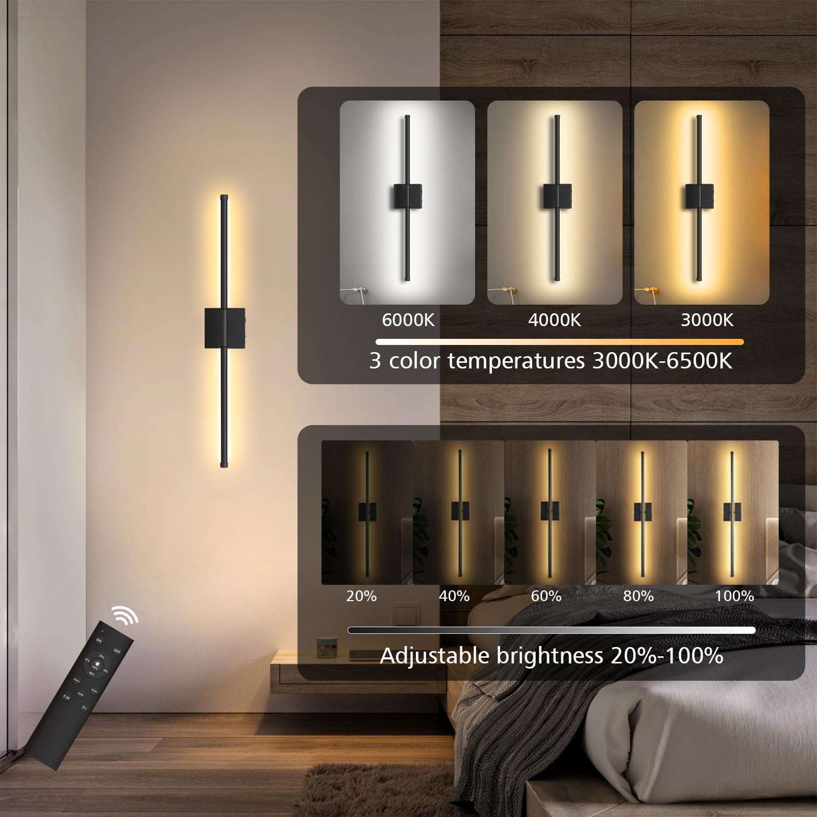 2 Pack Wall Sconces Battery Operated, Wall Sconces 3000K-6000K Dimmable Rechargeable Wall Sconce with Remote Control, 350Rotate