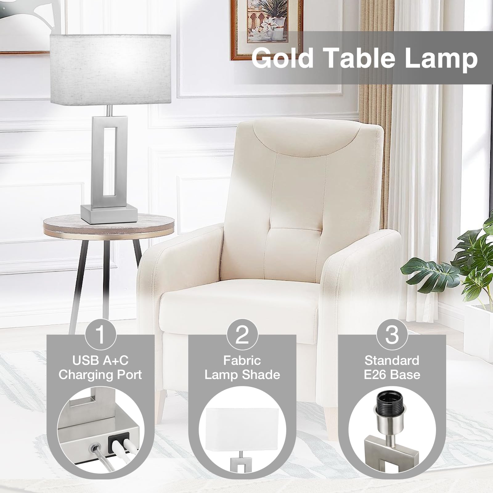 Bedroom Table Lamps Set Of 2 - Beige Silver Touch Bedside Lamps With Usb C+A, 3 Way Dimmable Gold Lamp For Nightstand, Modern Ni